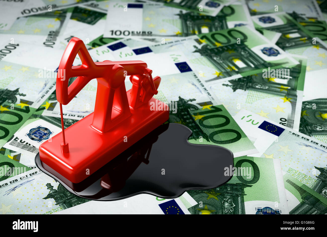 Pumpjack rosso e l'olio versato in euro. 3D'illustrazione. Foto Stock