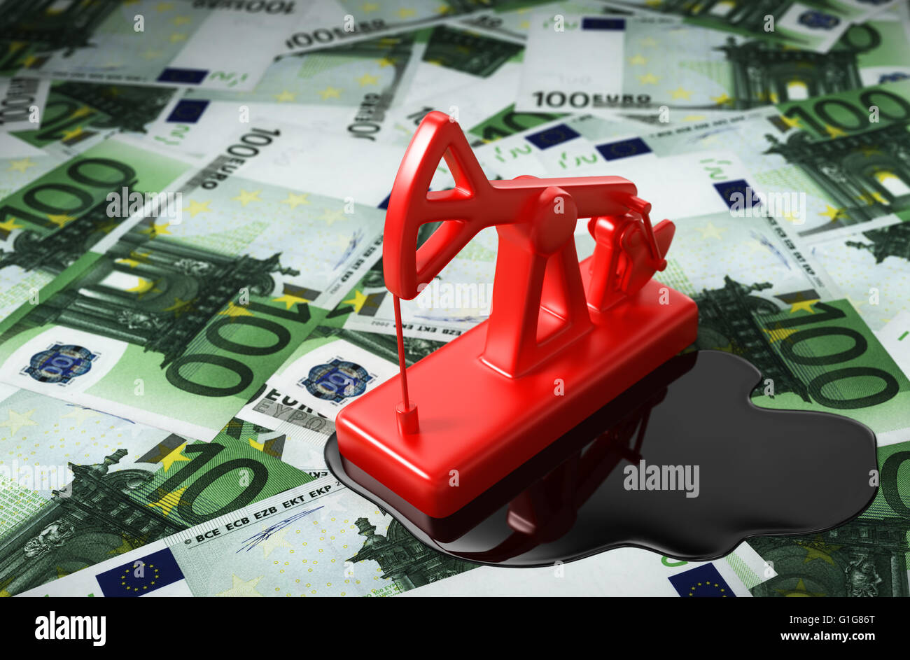 Pumpjack rosso e l'olio versato oltre euro. 3D'illustrazione. Foto Stock
