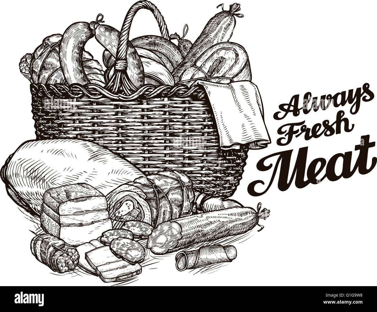 I prodotti a base di carne. disegnati a mano schizzi di cibo. illustrazione vettoriale Illustrazione Vettoriale