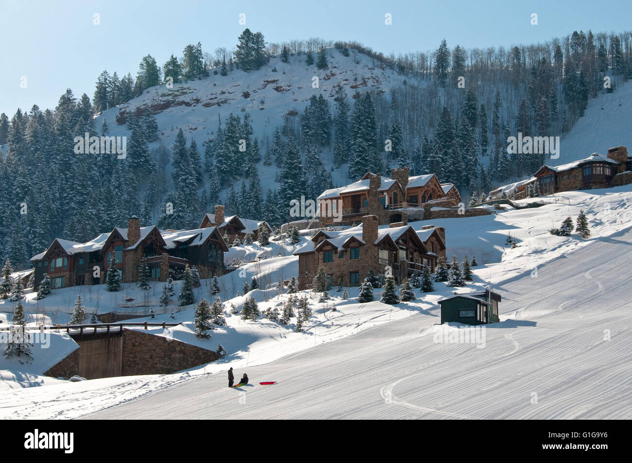 Abitazioni sulla collina, Aspen Highlands Ski Area, Aspen, Colorado. Foto Stock