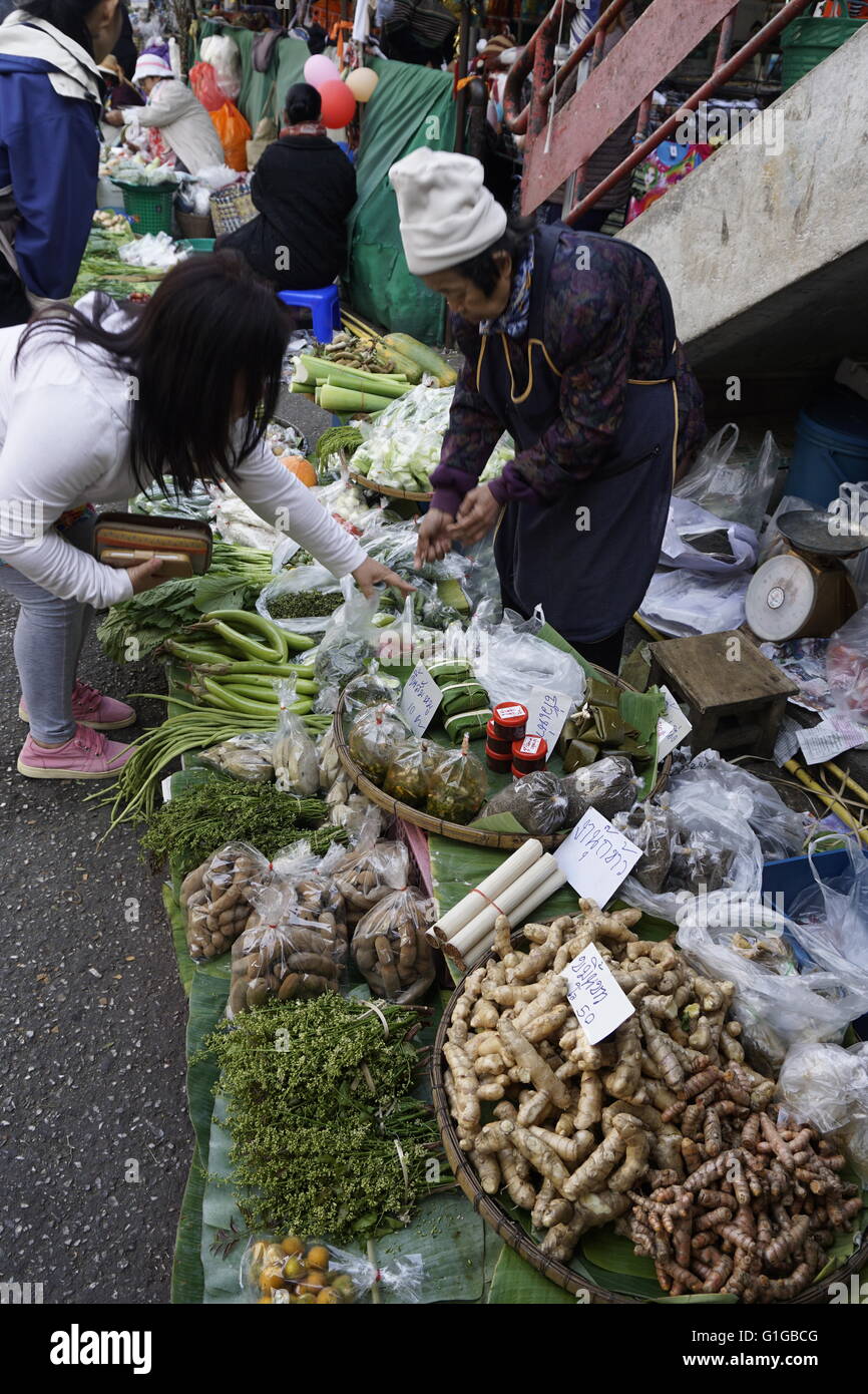 Signora vendita di erbe e verdure al mercato Warorat Chinatown, in Chiang Mai Foto Stock