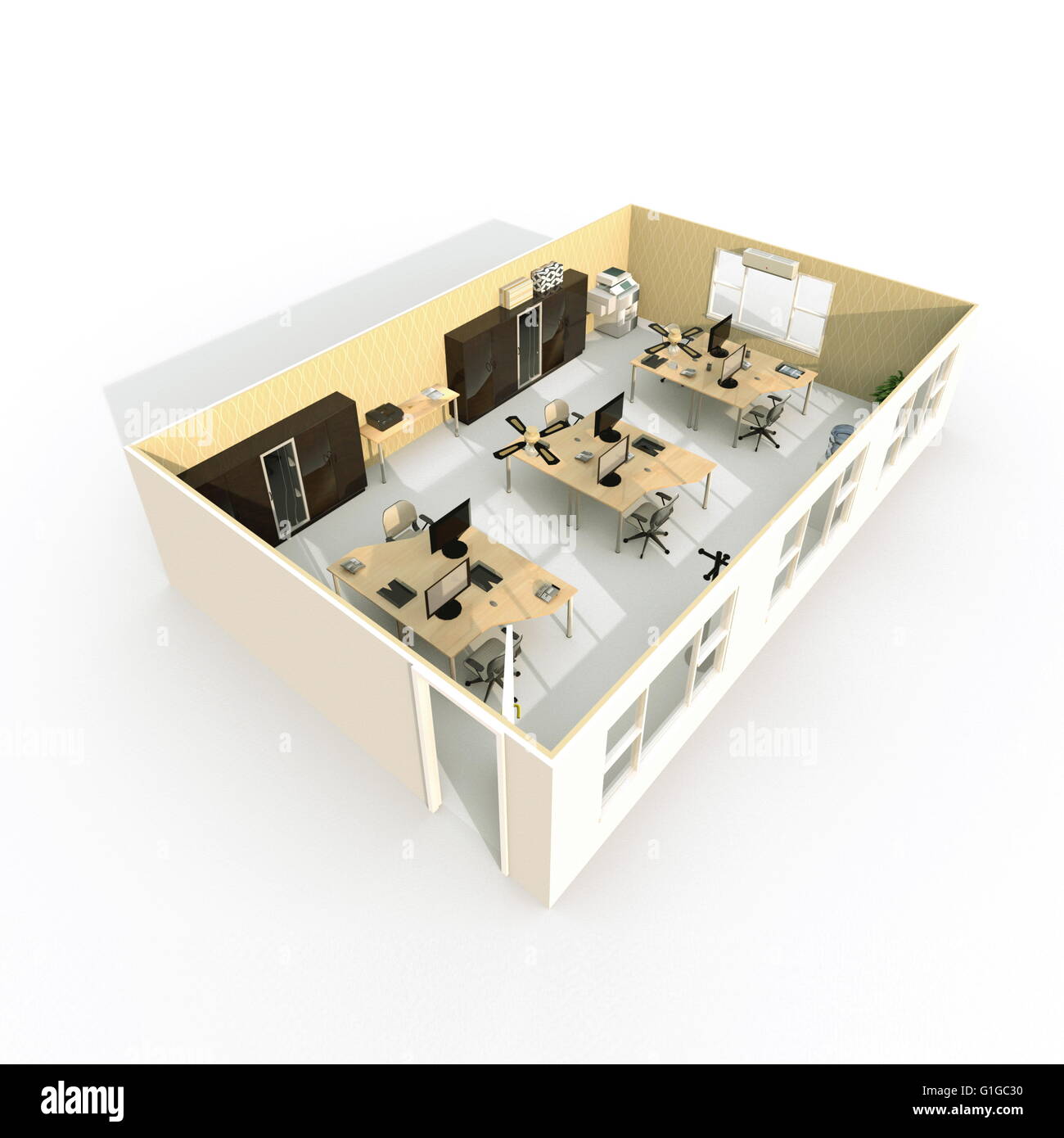 3d interni vista diagonale rendering di ufficio arredato Foto Stock