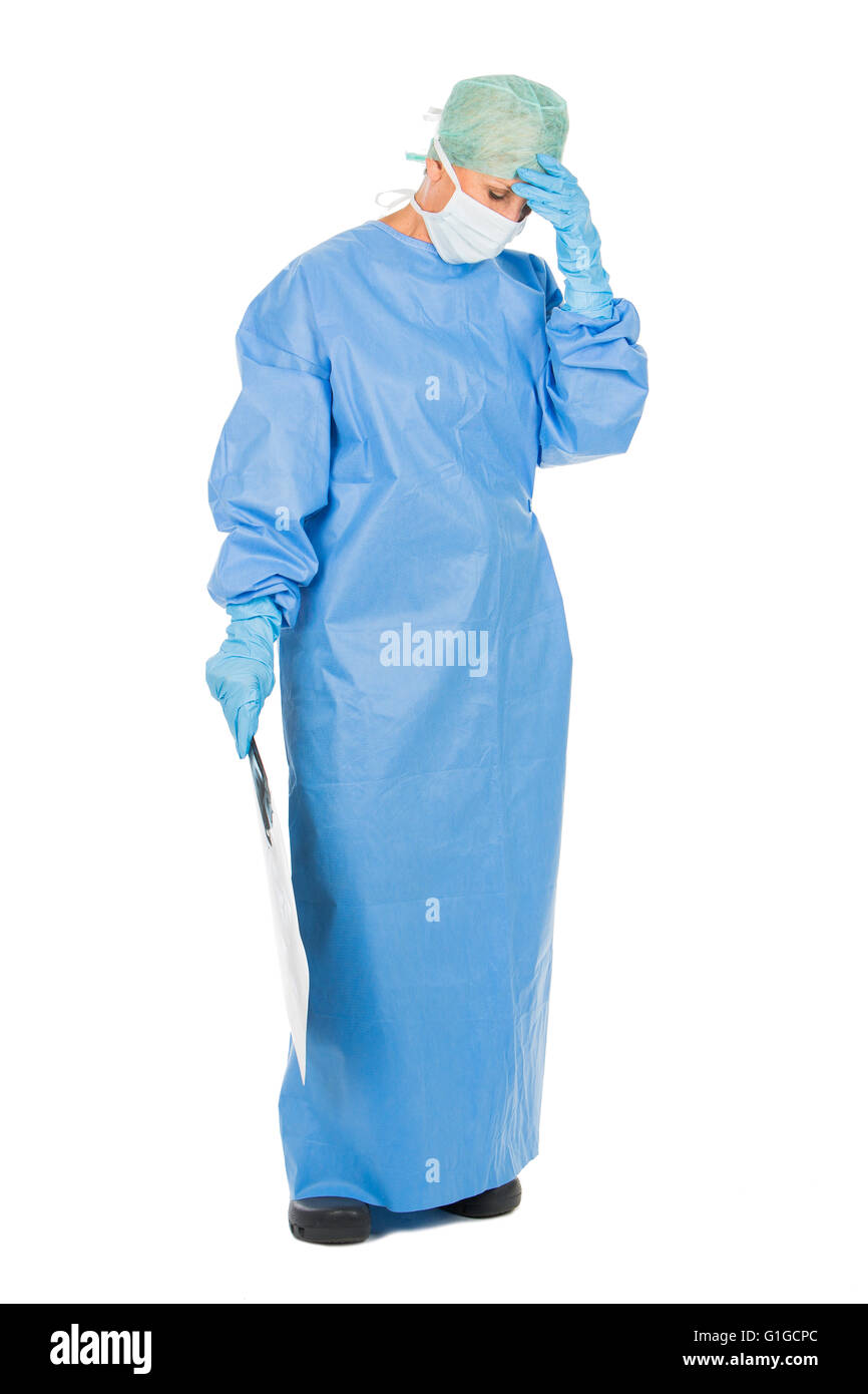 Donna chirurgica medico su sfondo bianco Foto Stock