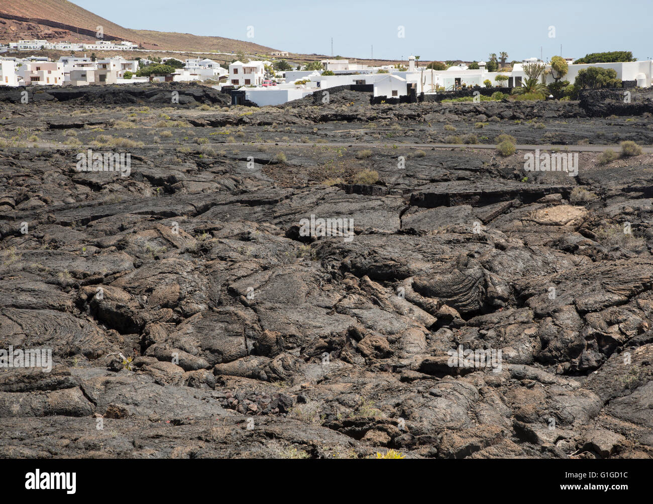 Pahoehoe solidificato o ropey campo di lava, Tahiche village, Lanzarote, Isole Canarie, Spagna Foto Stock