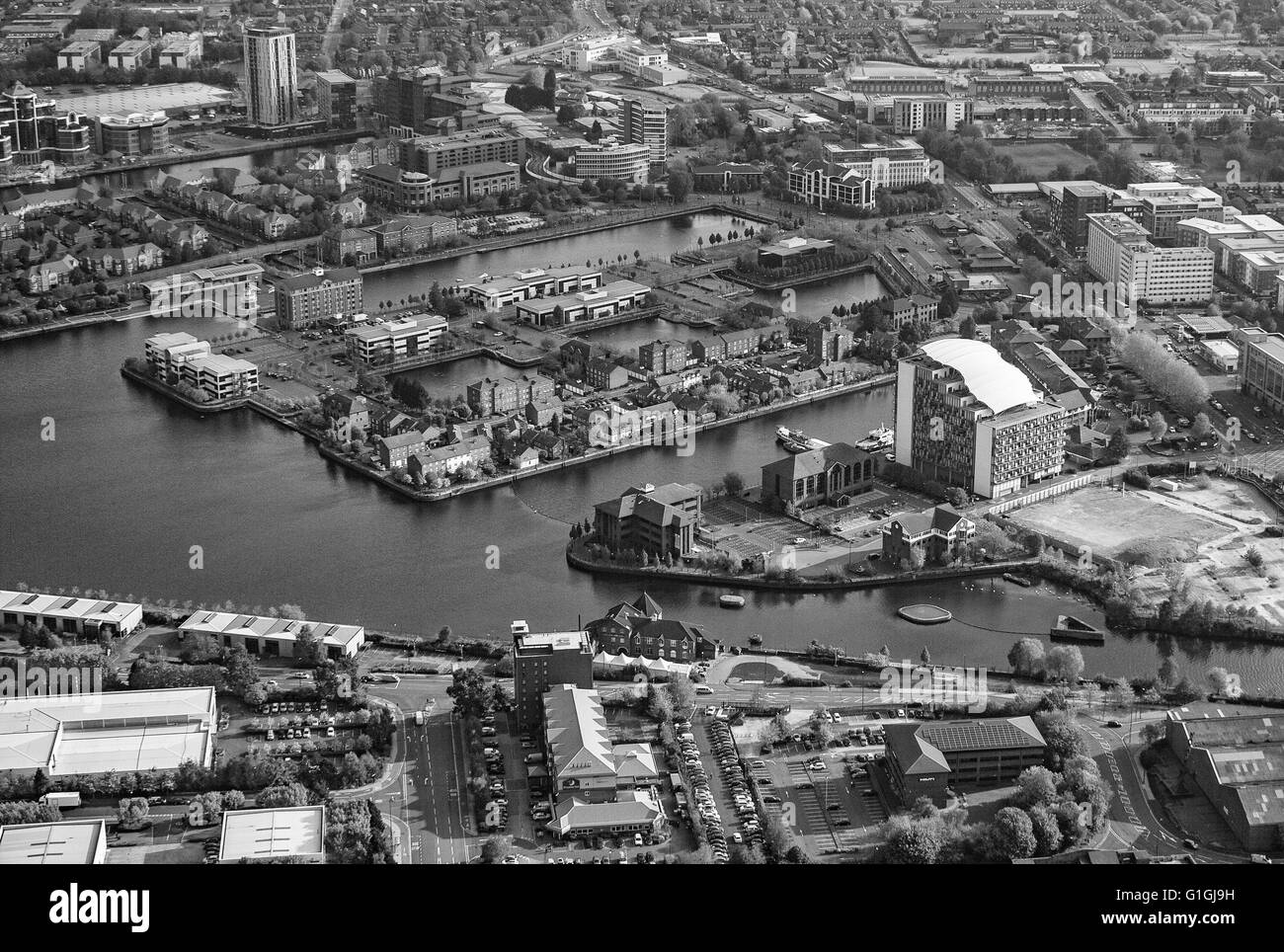 Foto aerea di Salford Quays e il Manchester Ship Canal Foto Stock