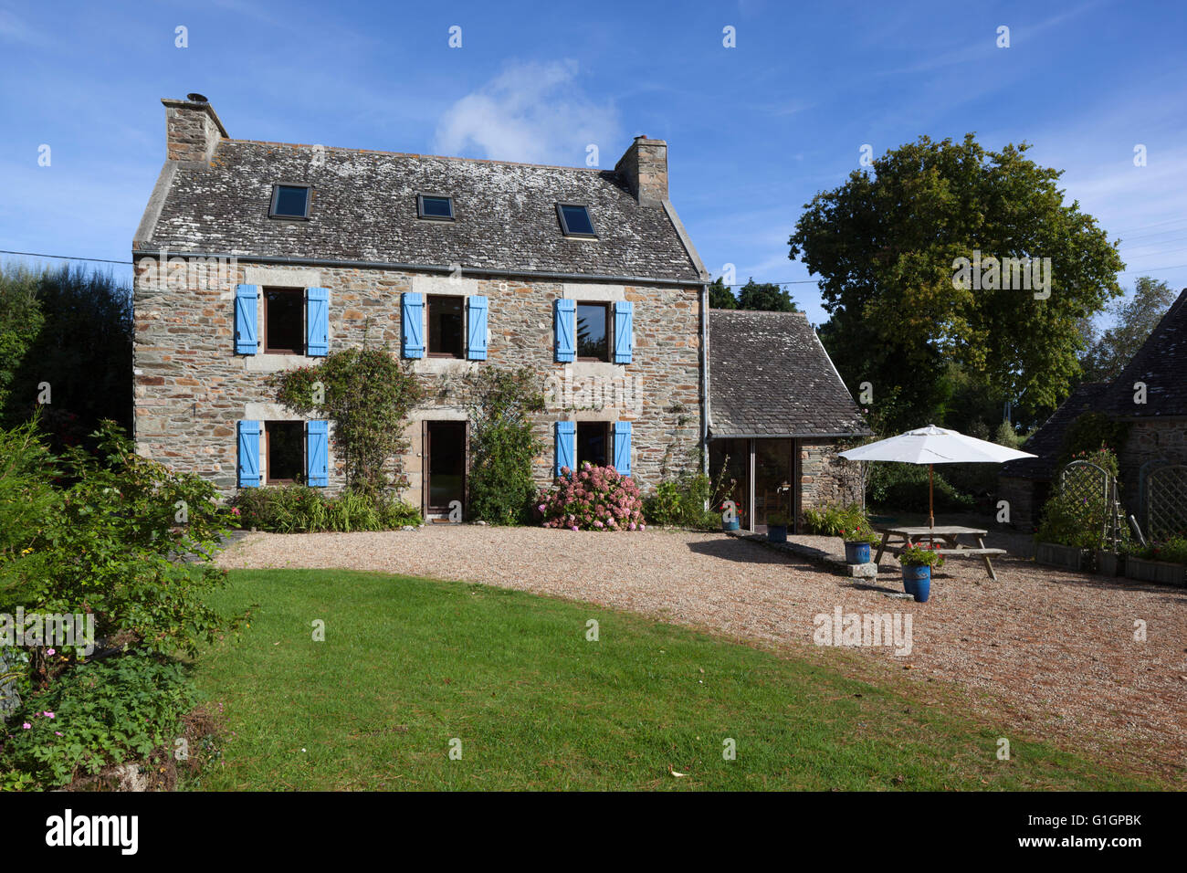 Tipico Breton Gite, vicino Locquirec, Finisterre, Bretagna, Francia, Europa Foto Stock