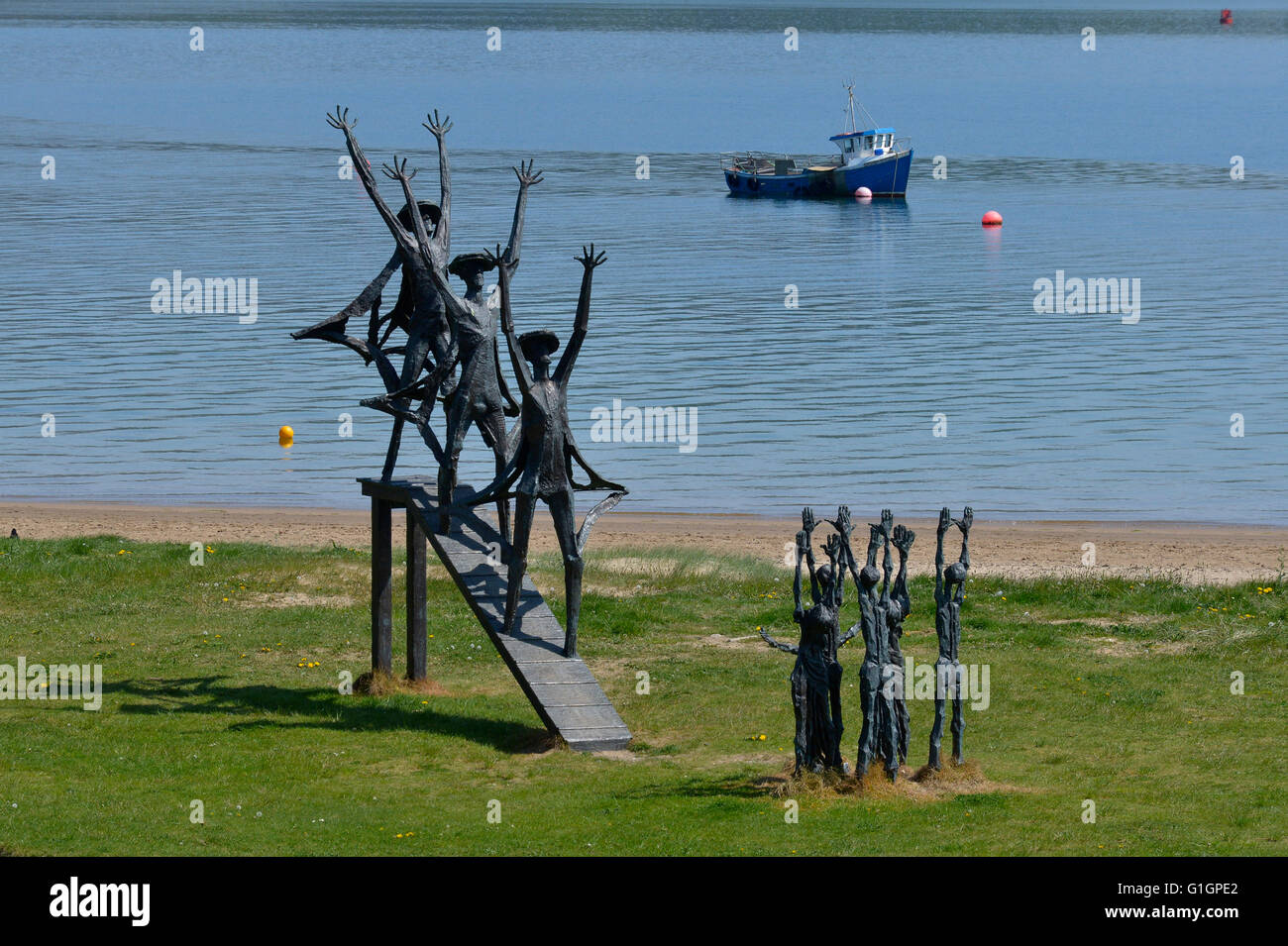 Il volo di Earls scultura (creato da John Behan), Rathmullan, County Donegal, Irlanda. Foto Stock