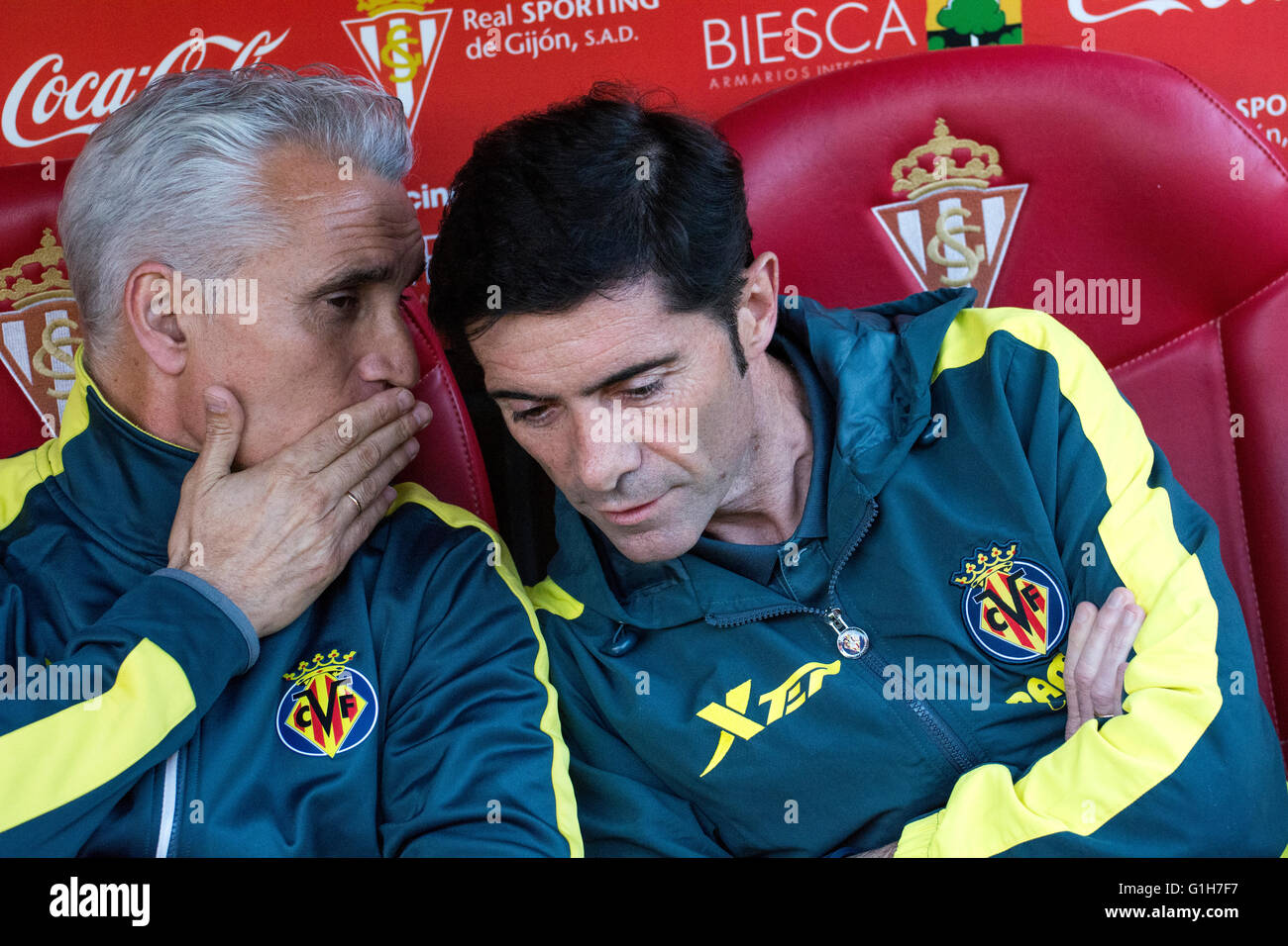 Gijon, Spagna. 15 Maggio, 2016. Marcelino Garcia (pullman, Villareal CF) durante la partita di calcio dell'ultimo round della stagione 2016/2017 del campionato spagnolo "La Liga " tra Real Sporting de Gijón e Villareal CF a Molinón stadio su 15 Maggio 2016 a Gijon, Spagna. Credito: David Gato/Alamy Live News Foto Stock