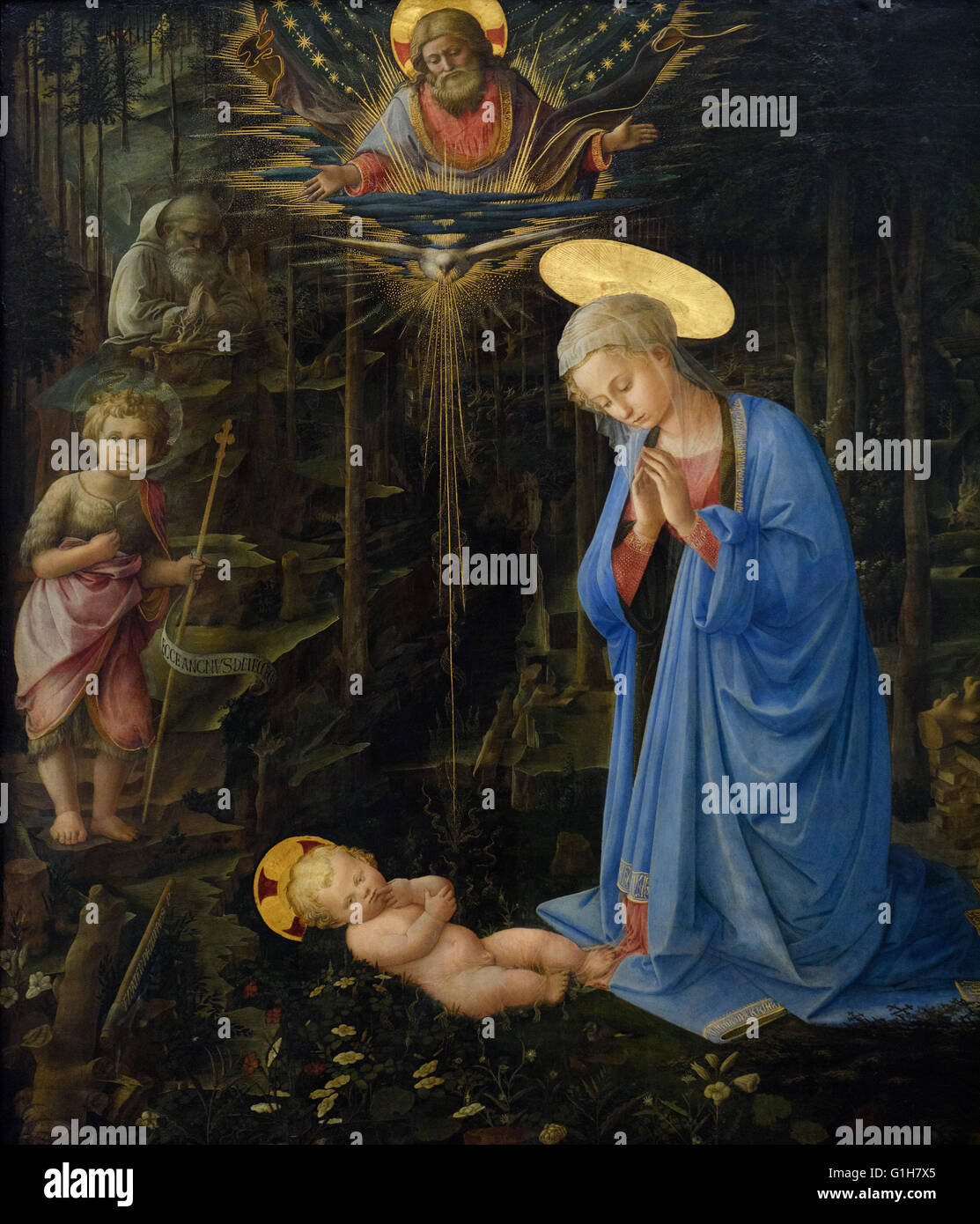 Fra' Filippo Lippi (ca.1406-1469), l adorazione nella foresta, ca. 1459. Ancona dalla Cappella dei Magi a Palazzo Medici Riccardi a Firenze. Foto Stock