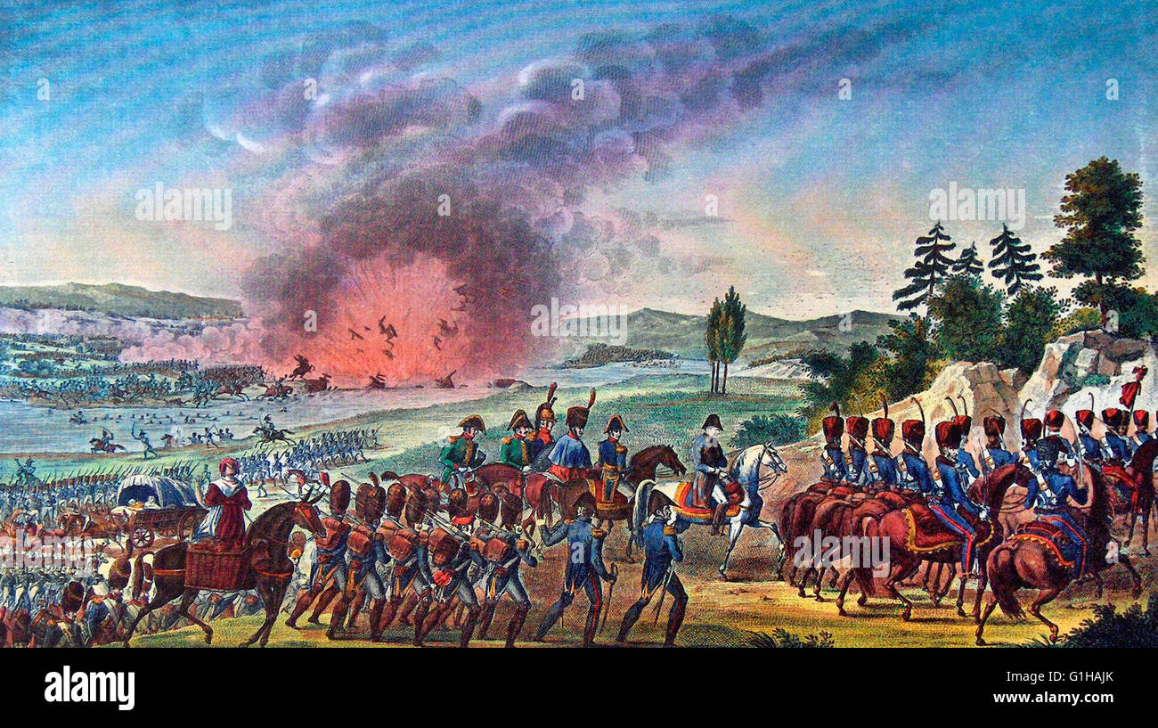 Ritiro di Napoleone il 19 ottobre 1813, mostrando l'esplosione del ponte, Battaglia di Liepsig Foto Stock