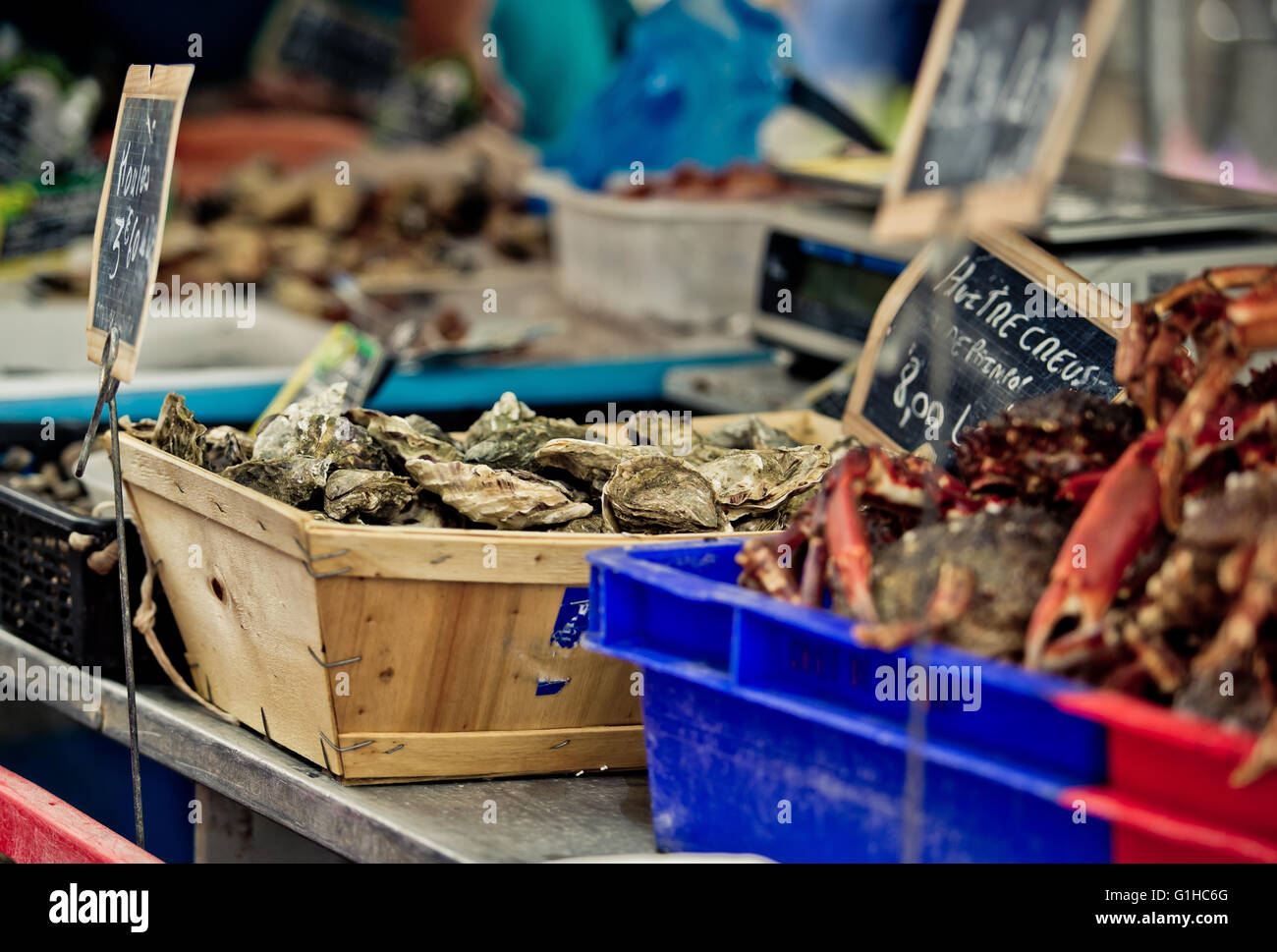 Ostriche presso il locale mercato settimanale in Bretagna Francia Foto Stock