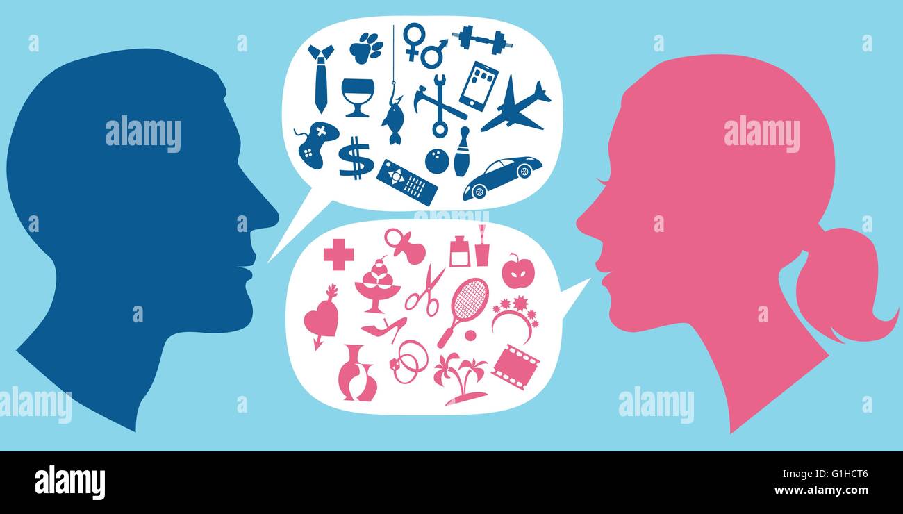 Profili maschio e femmina con il discorso di bolle riempite con simboli assortiti di uomini e donne interessi Illustrazione Vettoriale