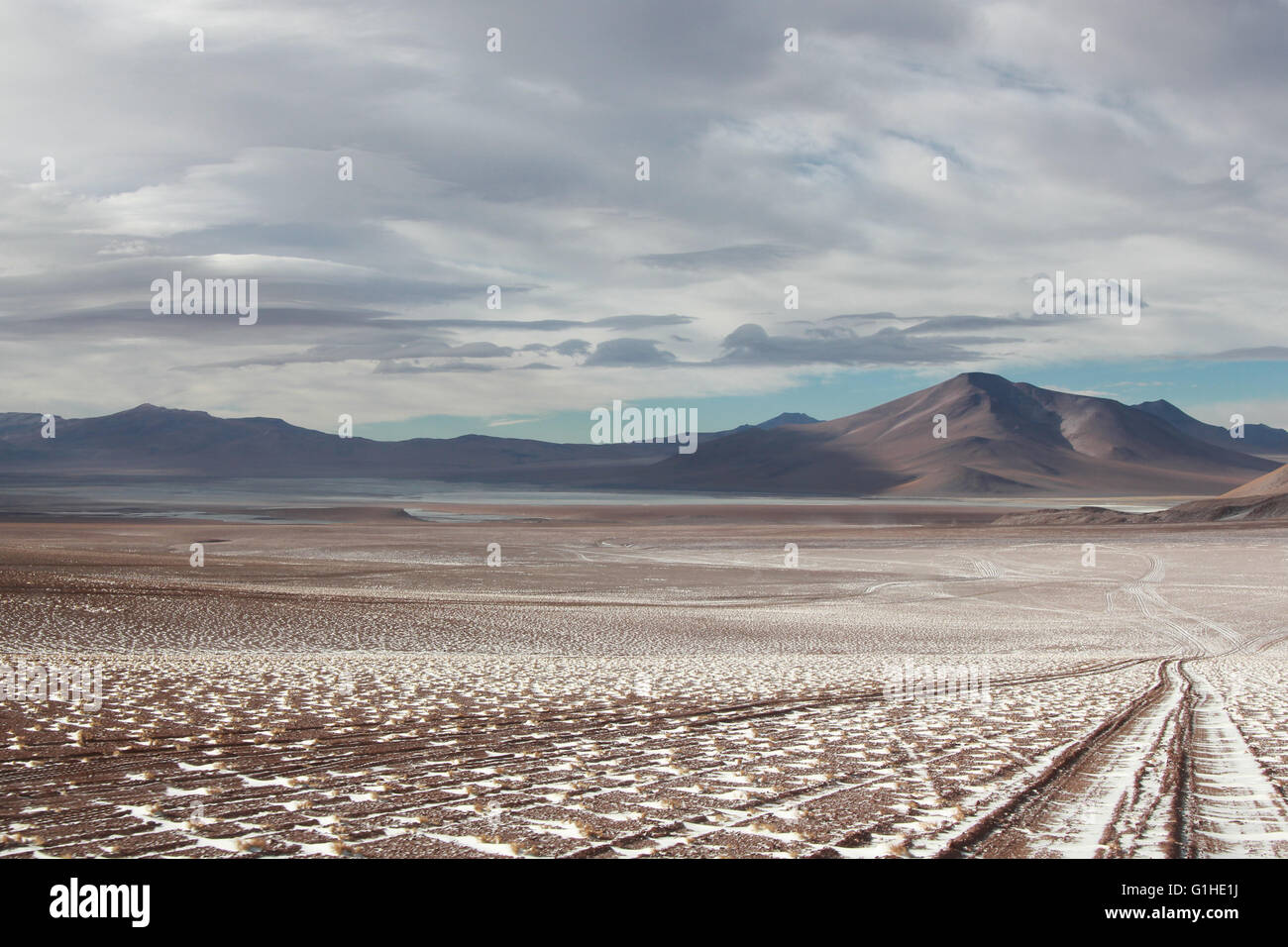 Coperta di neve percorso del deserto paesaggio in Bolivia Foto Stock