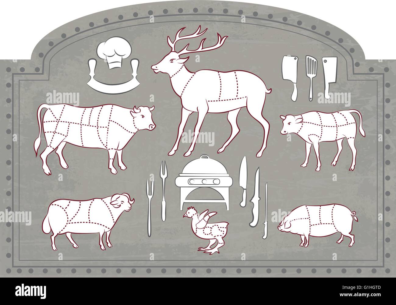 Illustrazione Vettoriale di schema guida per il taglio di carne in stile vintage Illustrazione Vettoriale
