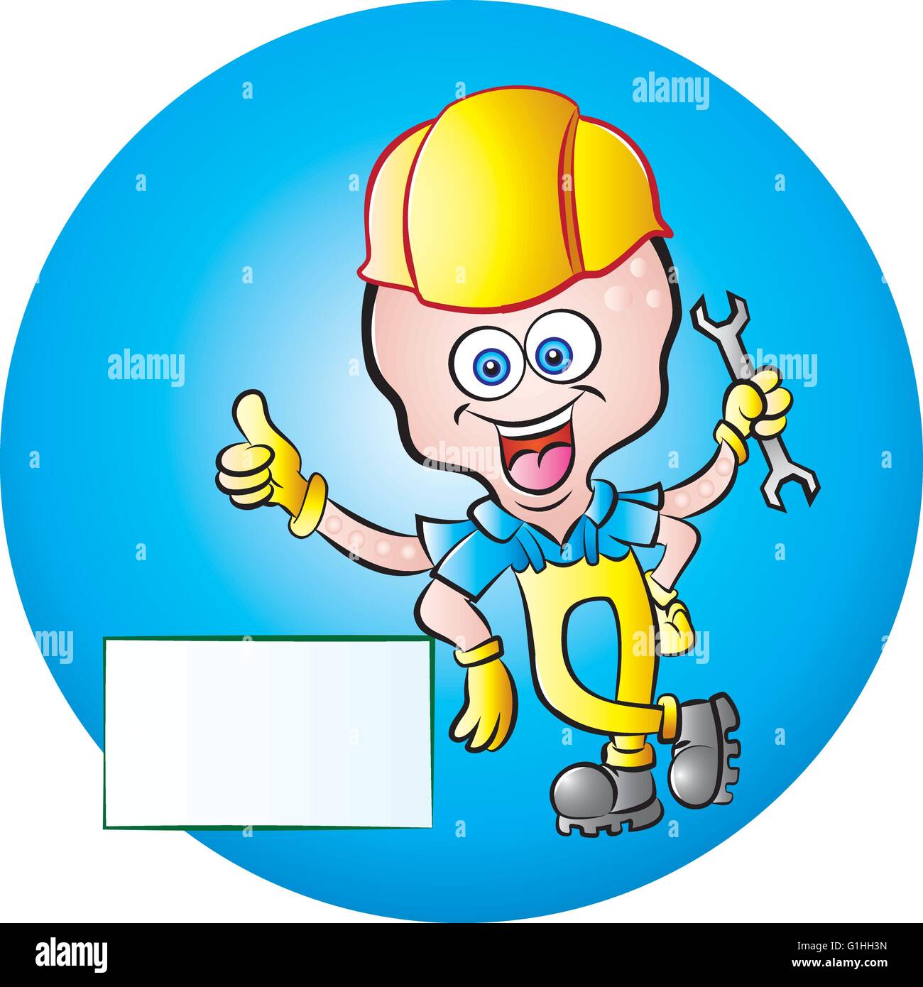 Illustrazione vettoriale di lavoratore mascotte polpo con cartello vuoto facendo segno eccellente Illustrazione Vettoriale