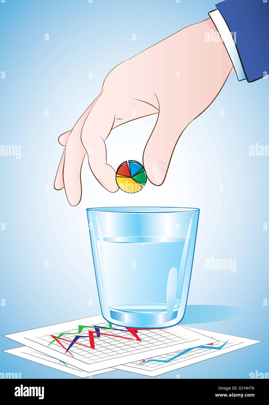 Illustrazione vettoriale di una mano mettendo il grafico a torta pillola nel bicchiere di acqua Illustrazione Vettoriale