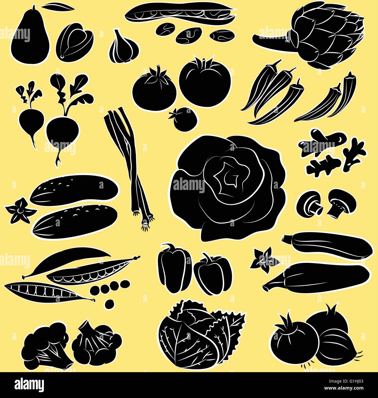 Illustrazione Vettoriale di ortaggi in silhouette mode su sfondo giallo Illustrazione Vettoriale