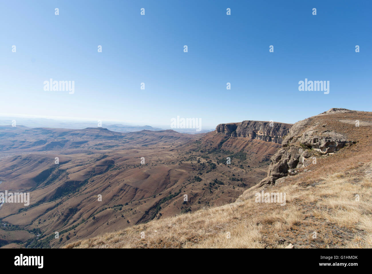 Vista dalla cima, Drakensberg Mountains, KwaZulu Natal, Sud Africa Foto Stock