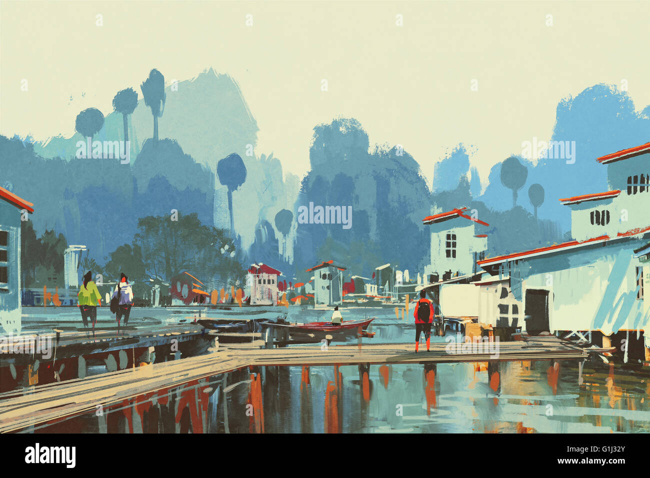 Pittura di paesaggio del fiume village,l'illustrazione Foto Stock