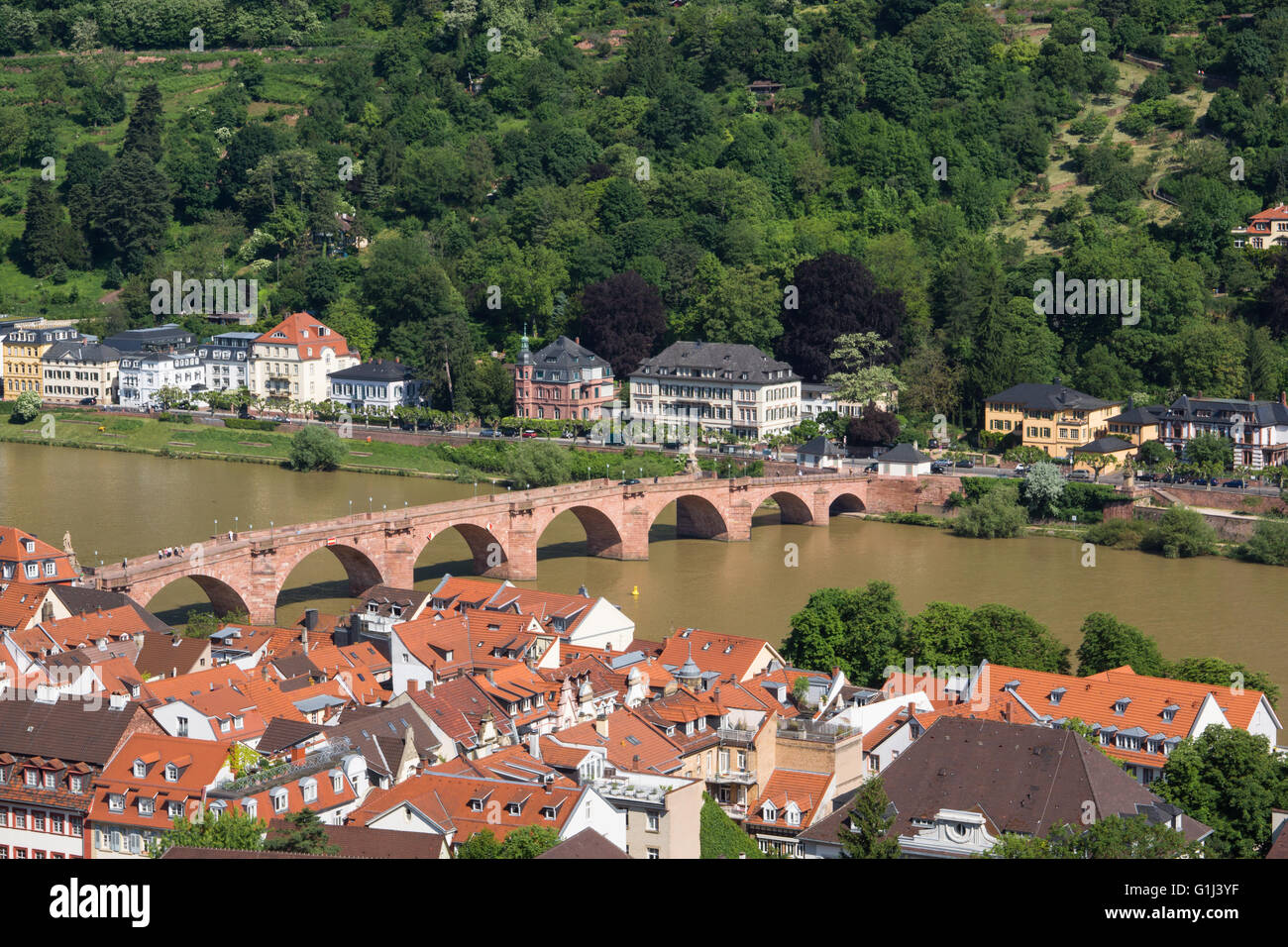 Karl Theodor ponte sul fiume Neckar, vista dal castello di Heidelberg Foto Stock