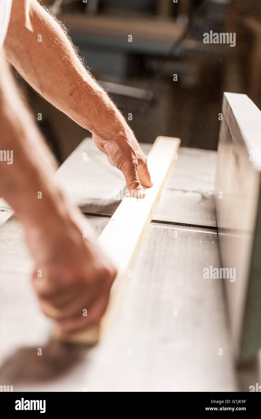Dettagli del falegname mani con pannello di legno Foto Stock