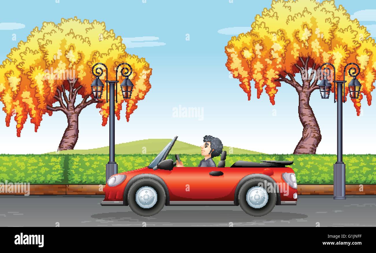 Uomo alla guida di autovettura convertibile nel parco illustrazione Illustrazione Vettoriale