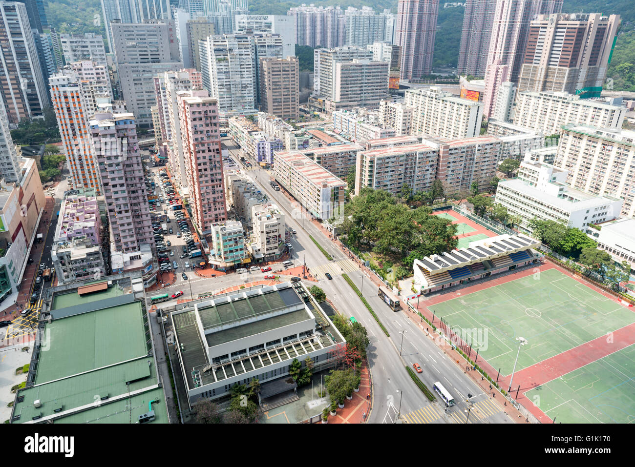 In alto in un edificio a Hong Kong visualizza Foto Stock
