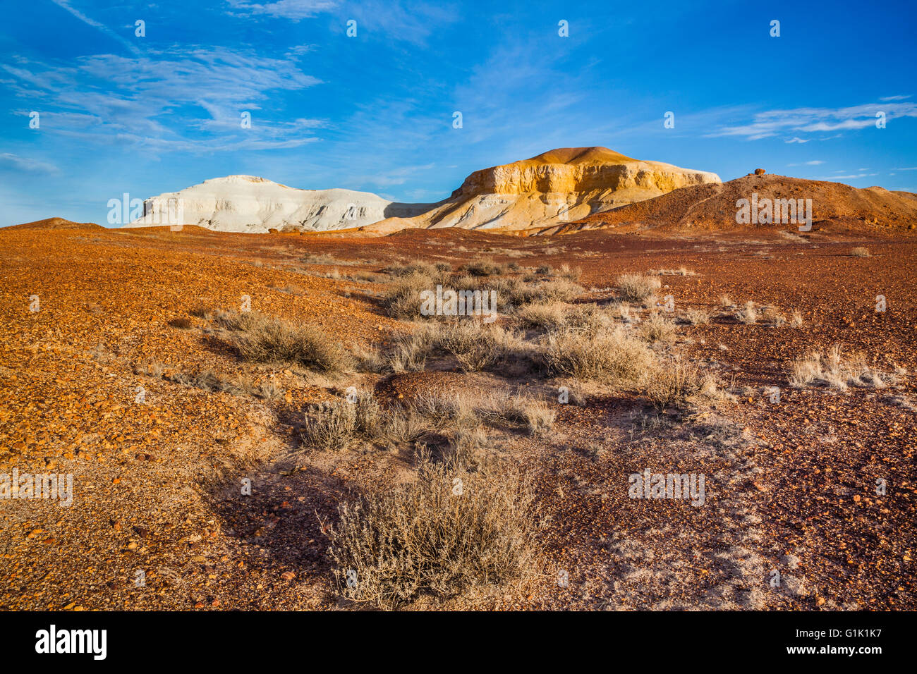 I distacchi riserva vicino Coober Pedy, Sud Australia. Paesaggio colorato con piatto-sormontato mesas a stony deserto gibber Foto Stock