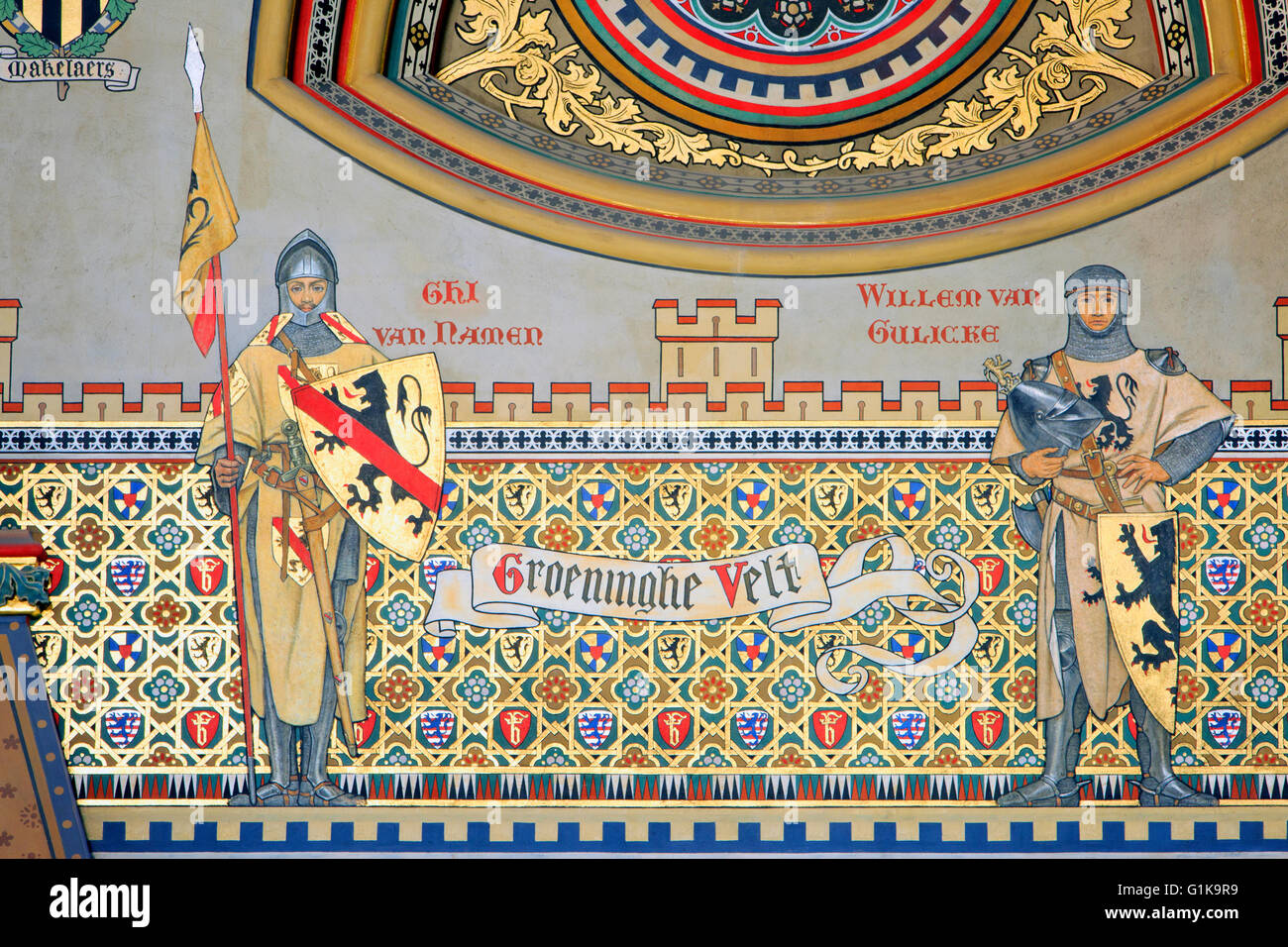 Una pittura murale raffigurante Guy di Namur (1272-1311) e Guglielmo di Jülich (morto 1304) all'interno del municipio di Bruges, Belgio Foto Stock