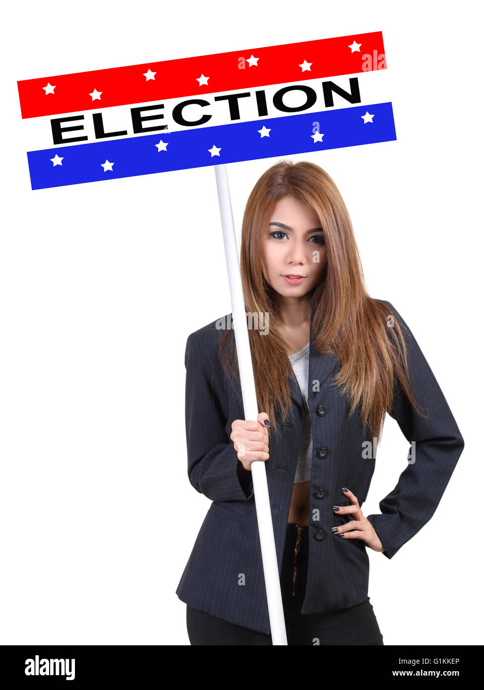 Donna che mantiene elezione campagna banner e chiamando le persone di andare a votare Foto Stock