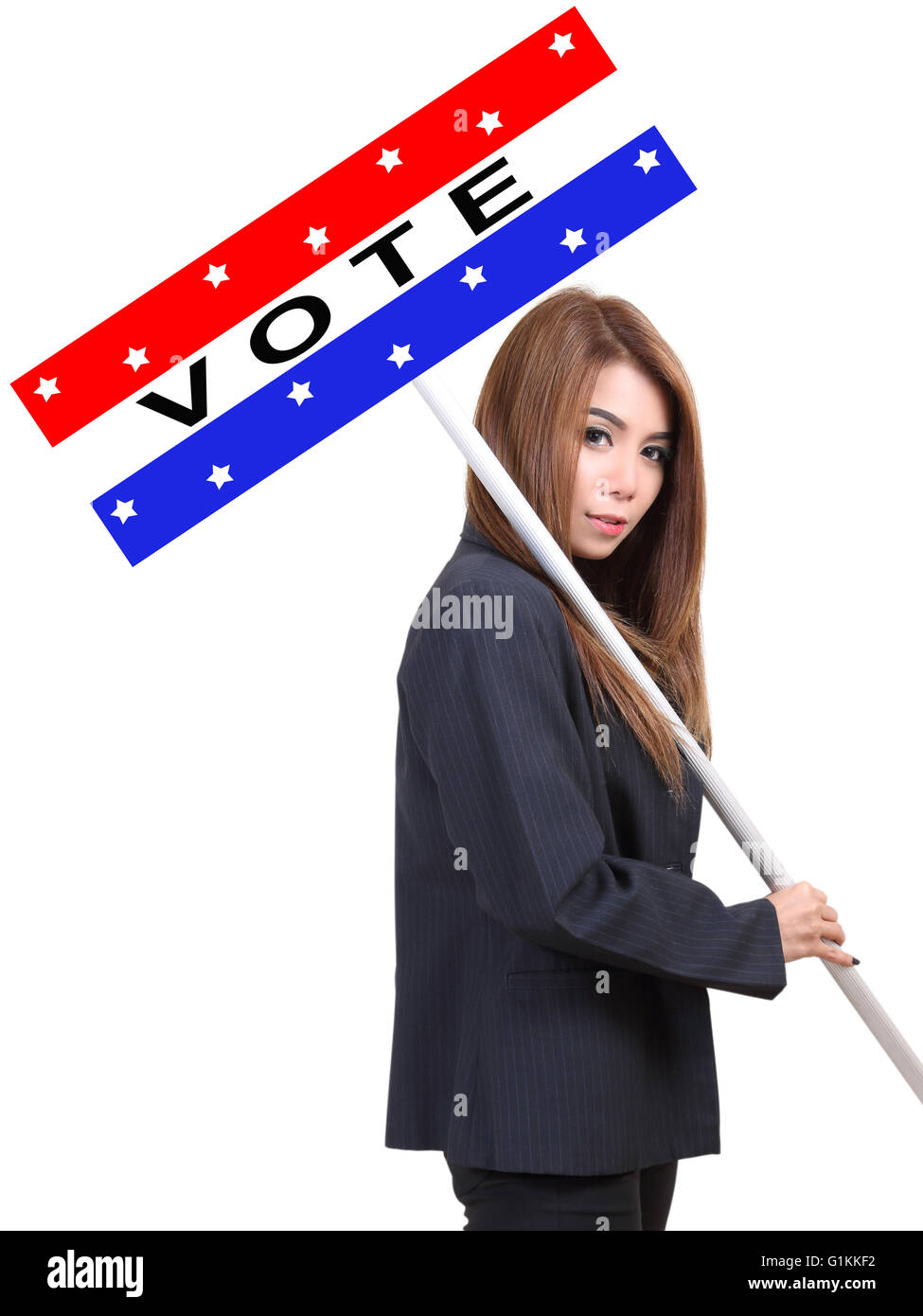 Donna che mantiene elezione campagna banner e chiamando le persone di andare a votare Foto Stock