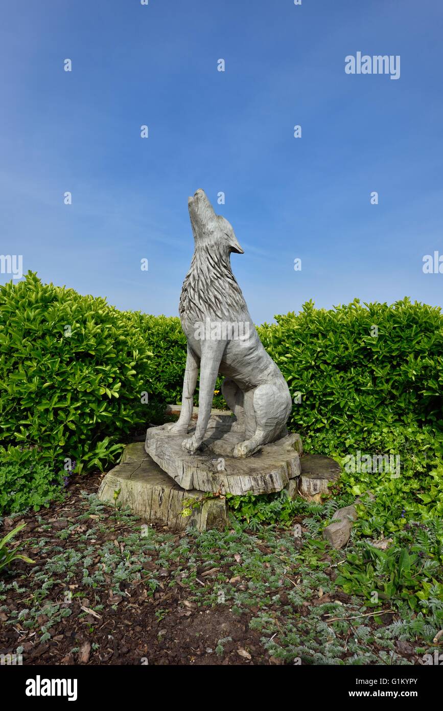 La leggenda di St Edmund e il lupo commemorato da un legno scolpito lupo baying da Jean Mulligan Hunstanton Norfolk England Regno Unito Foto Stock