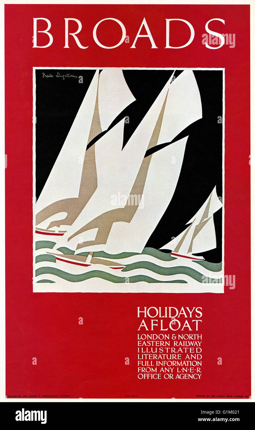 POSTER di viaggio, 1926. British poster pubblicitari vacanze in barca lungo il Norfolk e Suffolk Broads. Litografia da Freda Lingstrom, 1926. Foto Stock