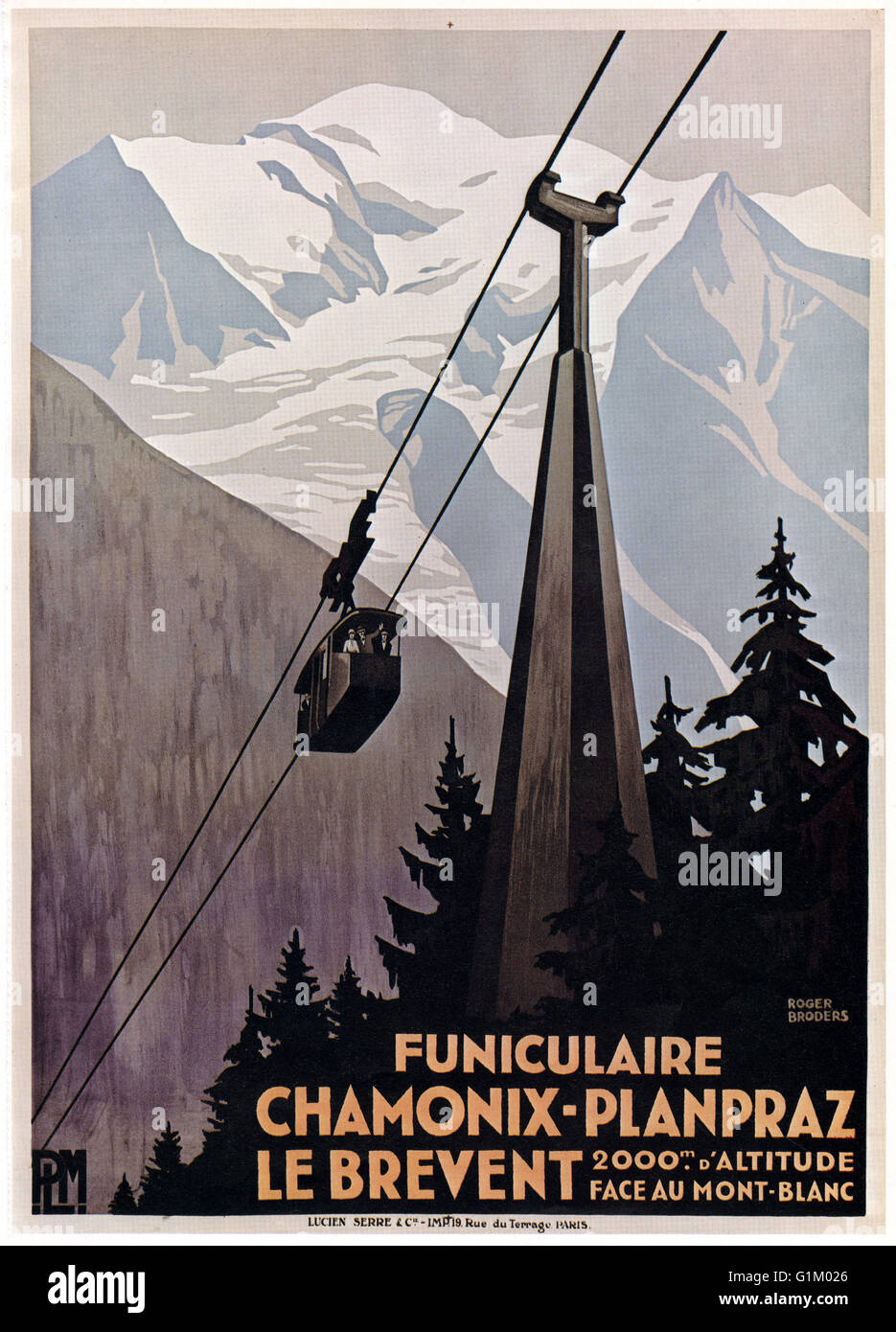 POSTER: funivia, c1920. Il francese poster pubblicitari il giro in gondola da Chamonix a Plan Praz e cavo auto per le Brevent. Foto Stock