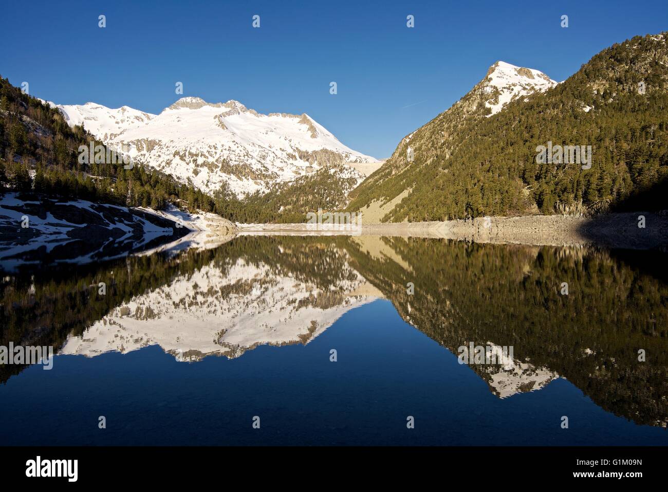 Riflessioni sulle montagne e boschi in Lac D'Oredon Foto Stock