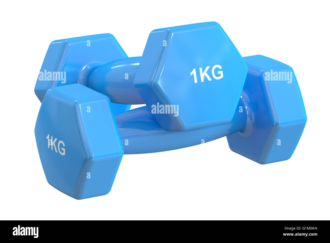 Blue manubri 1 kg, rendering 3D isolati su sfondo bianco Foto Stock