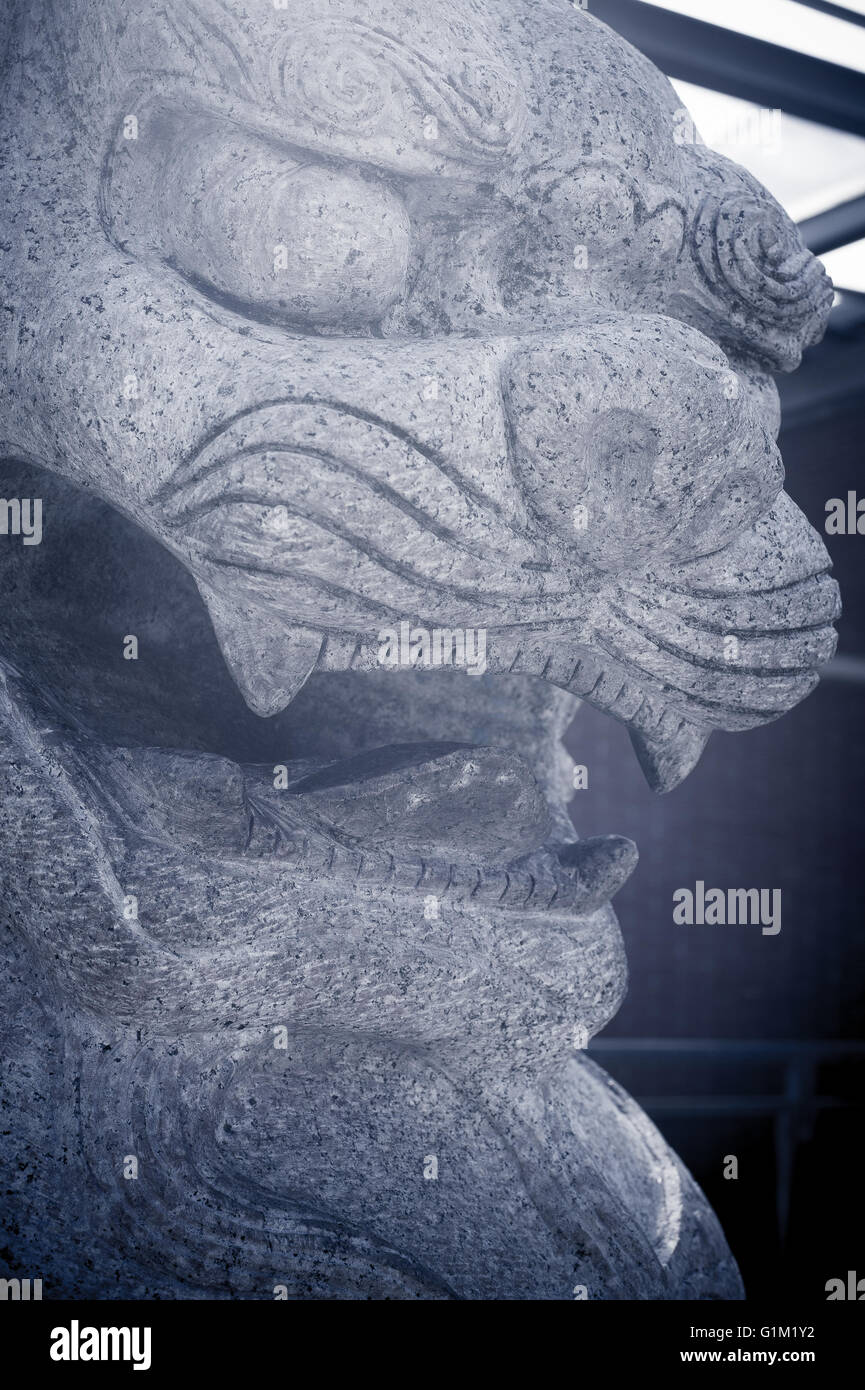Scultura di granito di cinese tradizionale lion faccia chiudere il fuoco selettivo Foto Stock