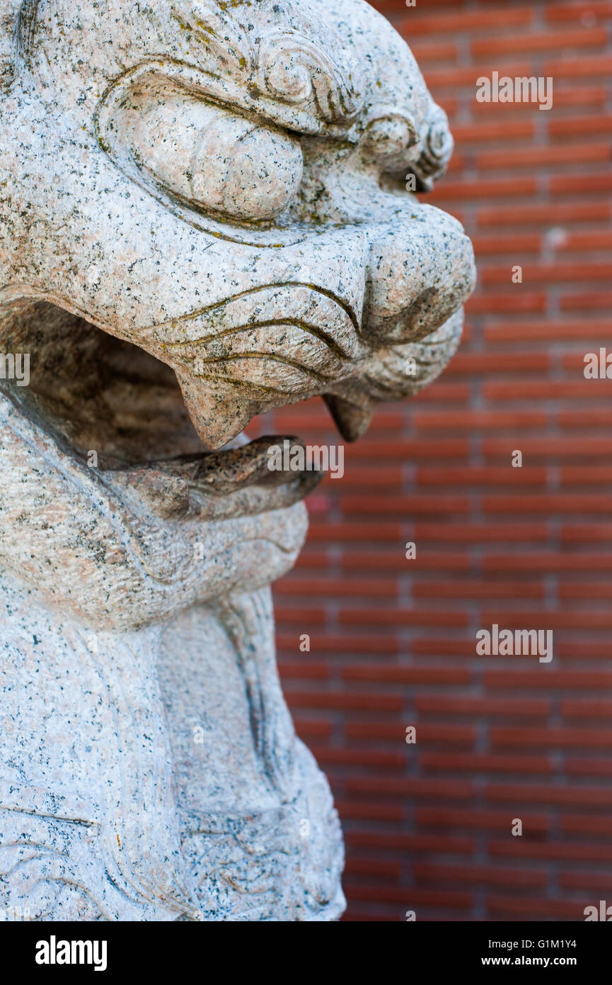 Scultura di granito di cinese tradizionale lion faccia chiudere il fuoco selettivo Foto Stock