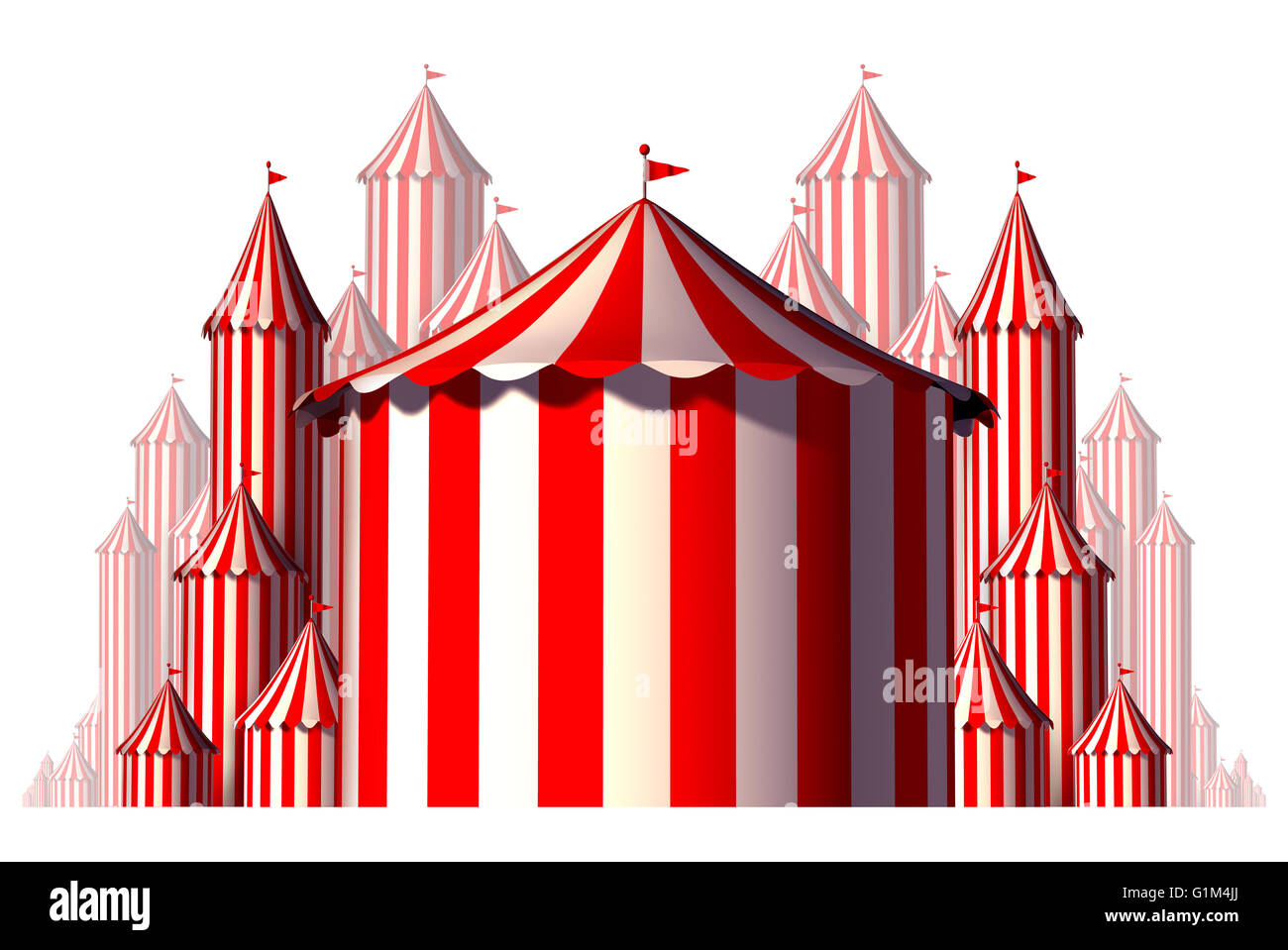 Tenda del circo di un elemento del gruppo in un concetto orizzontale composizione Carnevale come un divertimento e svago simbolo per un festoso evento speciale celebrazione isolata su uno sfondo bianco come un 3D'illustrazione. Foto Stock