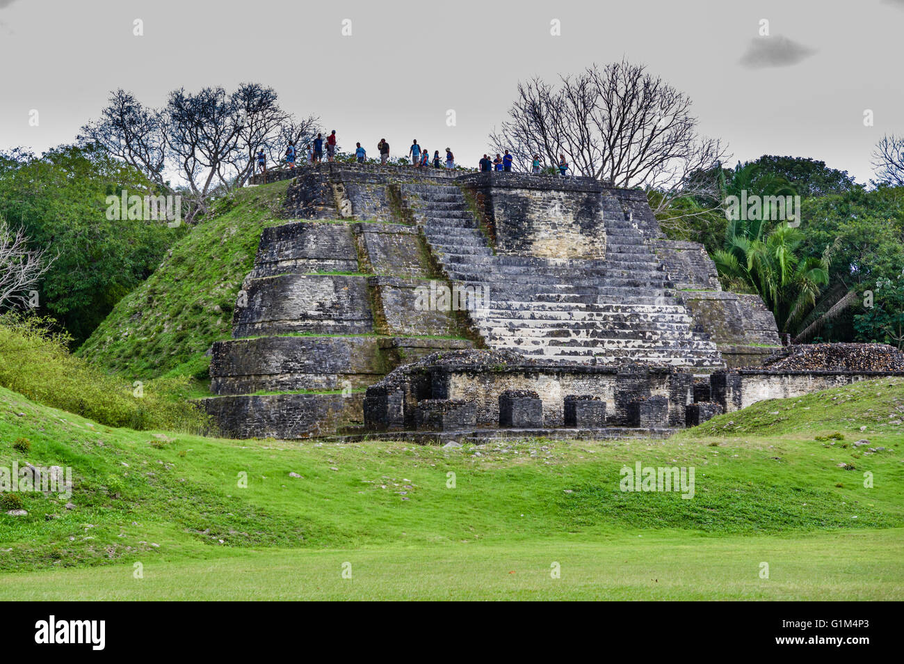 I turisti osservare le rovine dalla sommità del tempio di muratura altari. Altun ha luogo storico. Distretto del Belize, Belize Foto Stock