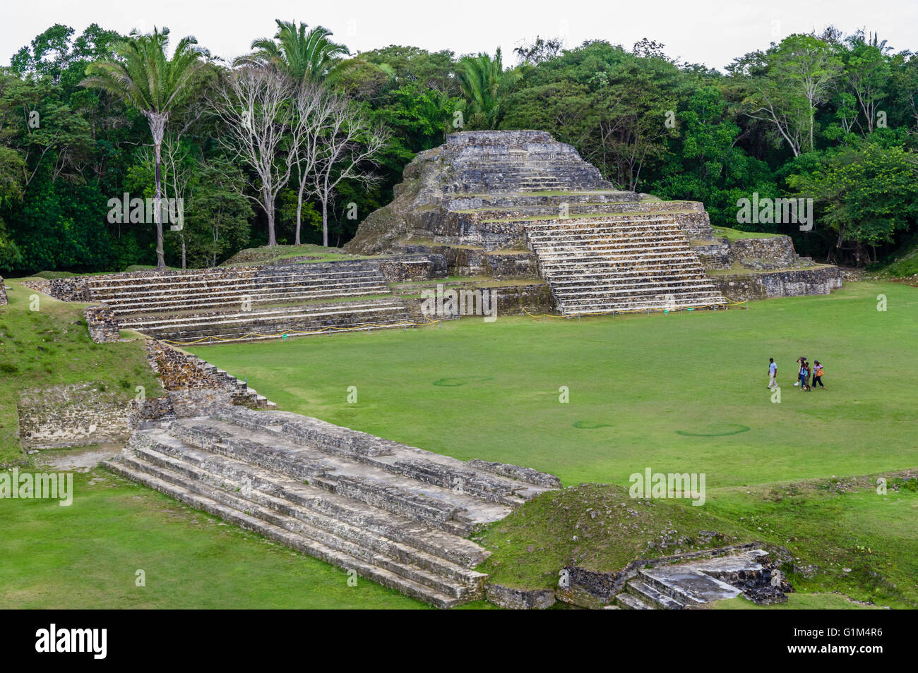 Vista del tempio della tomba verde o sito A1 dalla cima del tempio di muratura altari. Altun ha luogo storico. Distretto del Belize, Belize Foto Stock