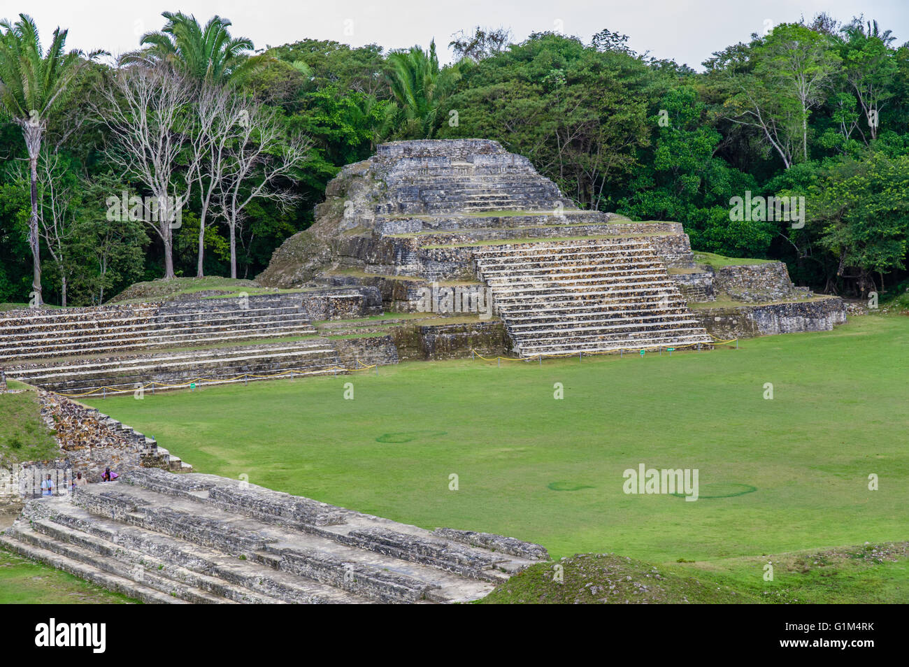 Vista del tempio della tomba verde o sito A1 dalla cima del tempio di muratura altari. Altun ha luogo storico. Distretto del Belize, Belize Foto Stock