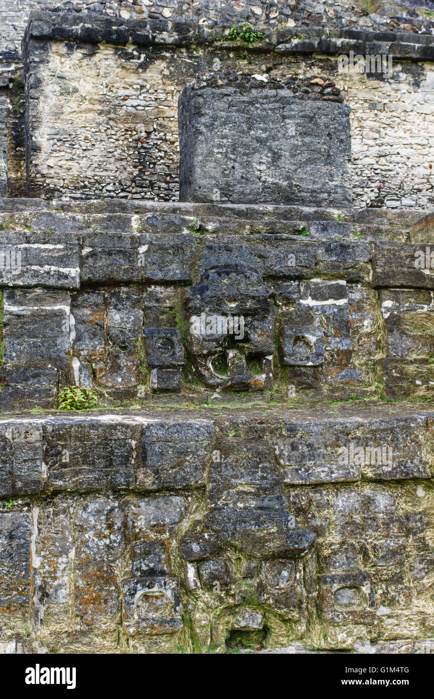 Dettaglio di pietra scolpita muratura su per le scale del tempio di muratura altari. Altun ha luogo storico. Distretto del Belize, Belize Foto Stock