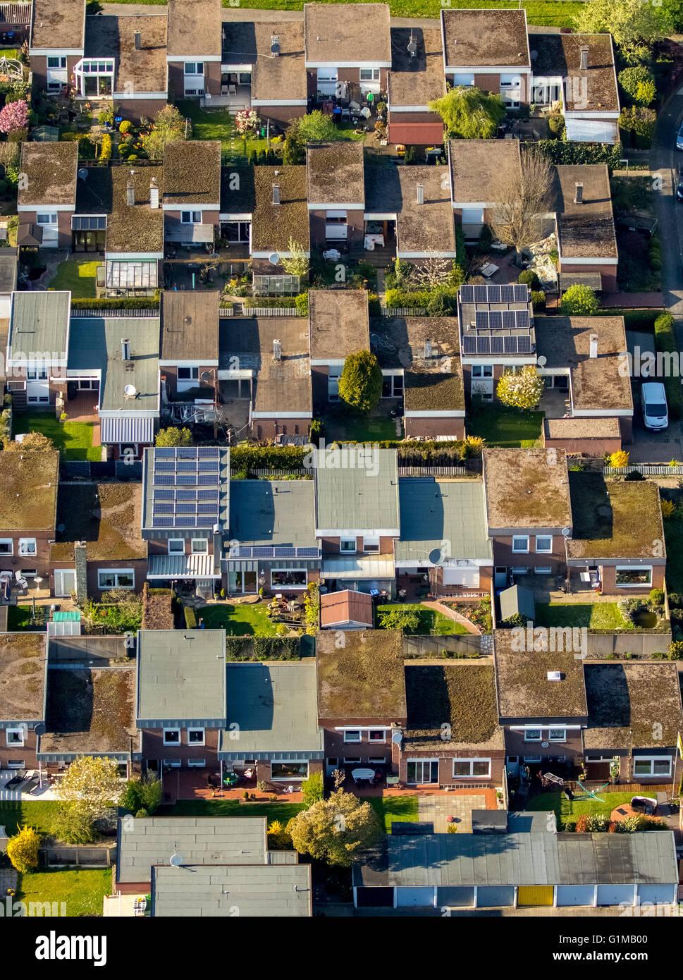 Vista aerea, bungalow colony Heessen Anemonenweg, tetti piani, Hamm, la zona della Ruhr, Renania settentrionale-Vestfalia, Germania DE, l'Europa,aereo Foto Stock