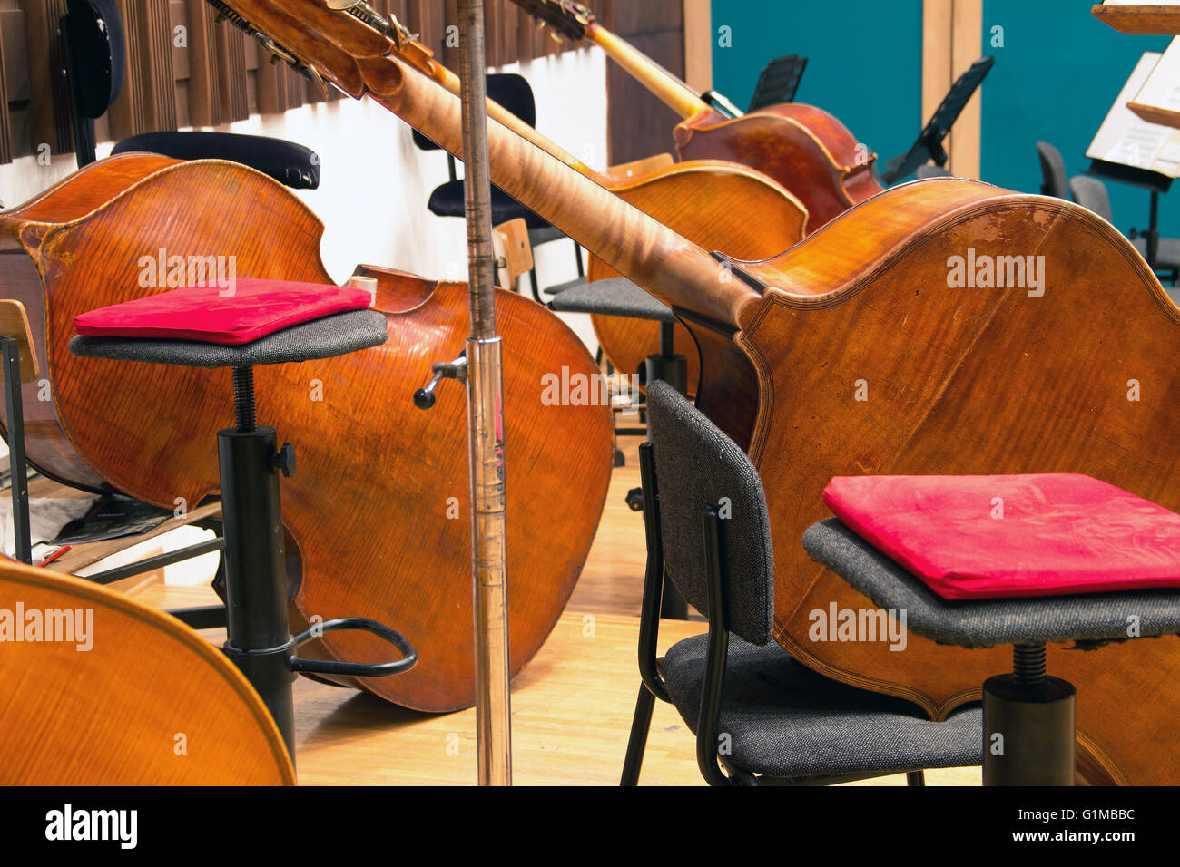 A Belgrado, in Serbia - Contra-basses sul palco in Belgrade Philharmonic Orchestra Hall di prestazioni durante una pausa Foto Stock