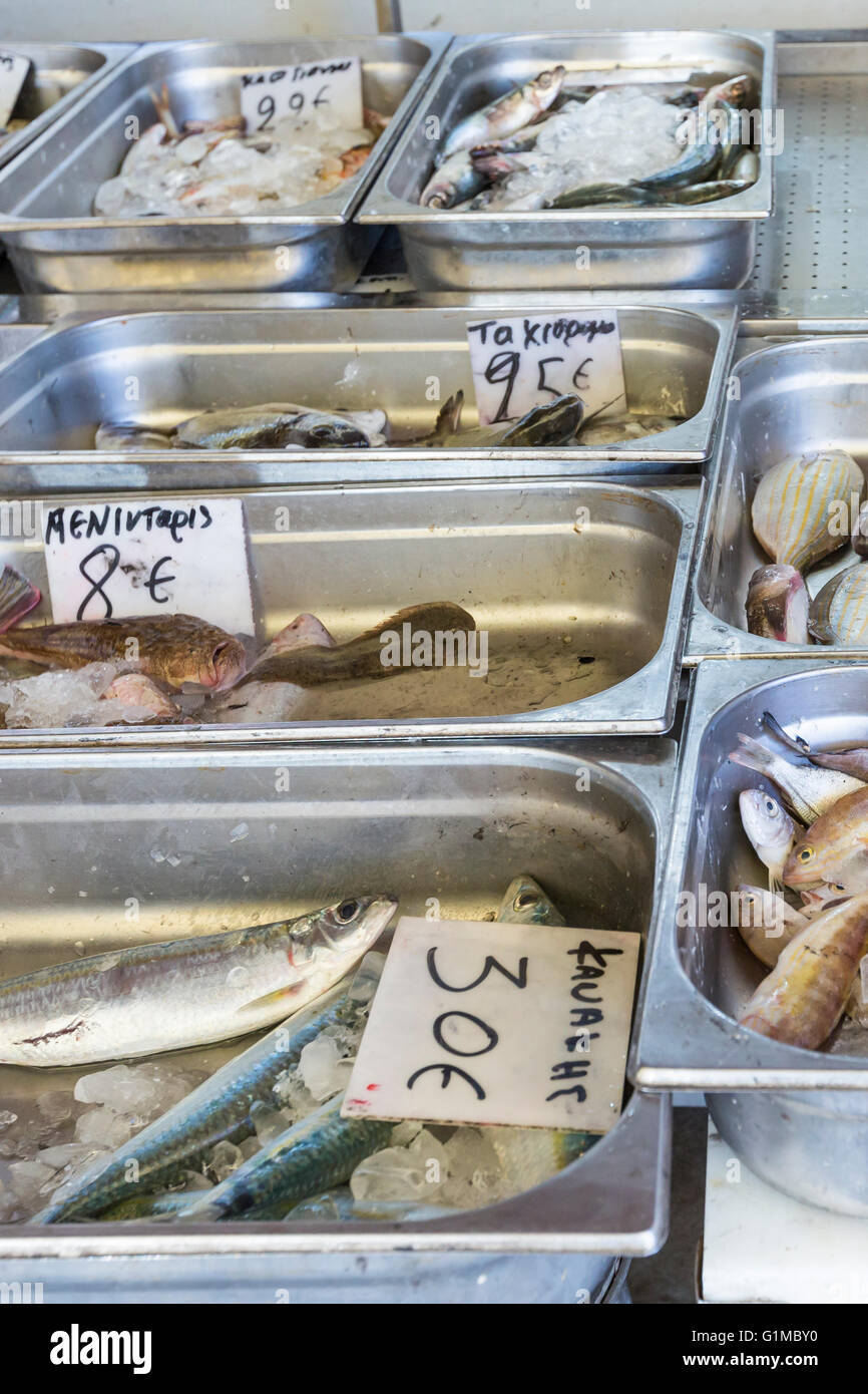 Pesce fresco al mercato del pesce - Grecia Foto Stock