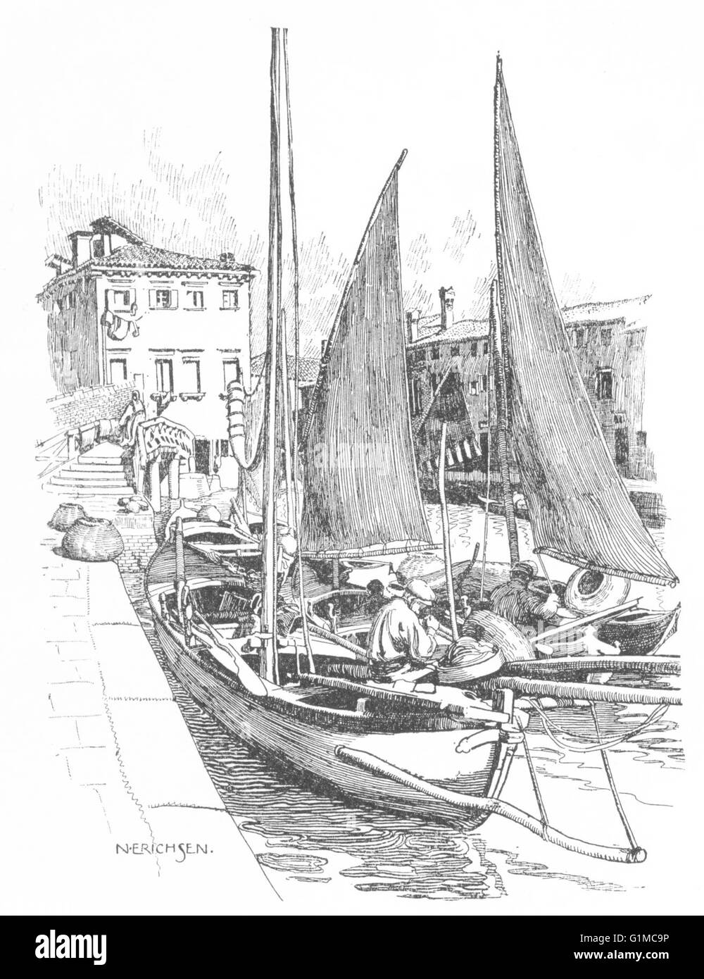 Venezia: pescherecci nella Giudecca, vintage print 1930 Foto Stock