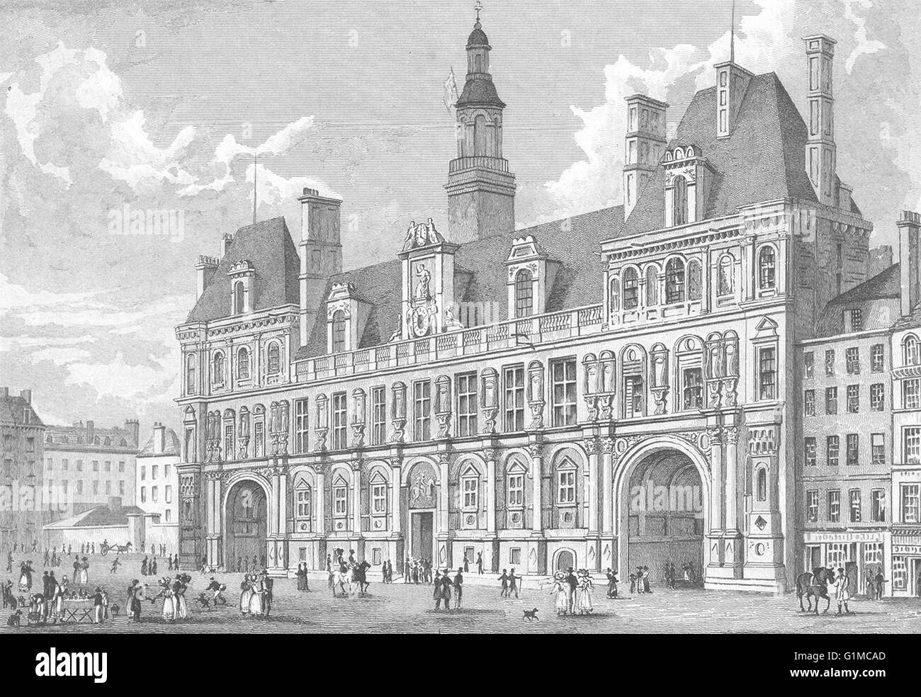 PARIS : Hotel de Ville: Pugin cani cavallo bambini, antica stampa 1828 Foto Stock