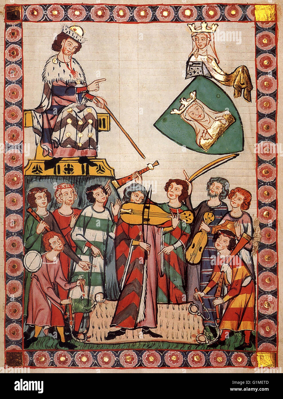 Primi 1300s musicisti di suonare dulcimer, cornamusa, viola, Fife e il tamburo. Miniatura dal Codex Manesse, manoscritto, 1304, Germania. Foto Stock