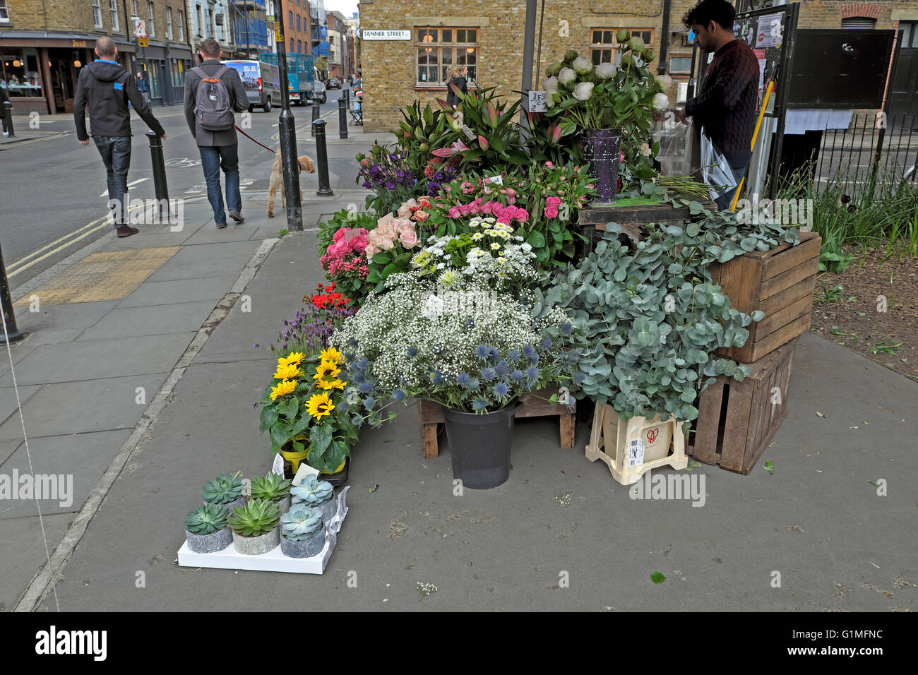 Pressione di stallo di fiori vendita di fiori recisi in Tanner e Bermondsey Street South London REGNO UNITO KATHY DEWITT Foto Stock